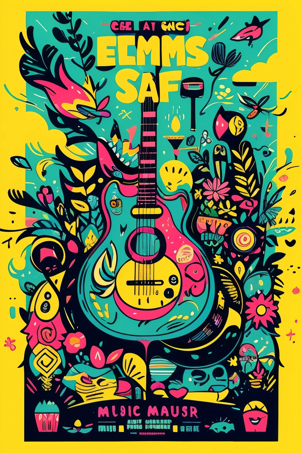 "Design a vibrant and dynamic poster for a summer music festival featuring indie bands. Include elements of nature, bright colors, and a retro aesthetic."