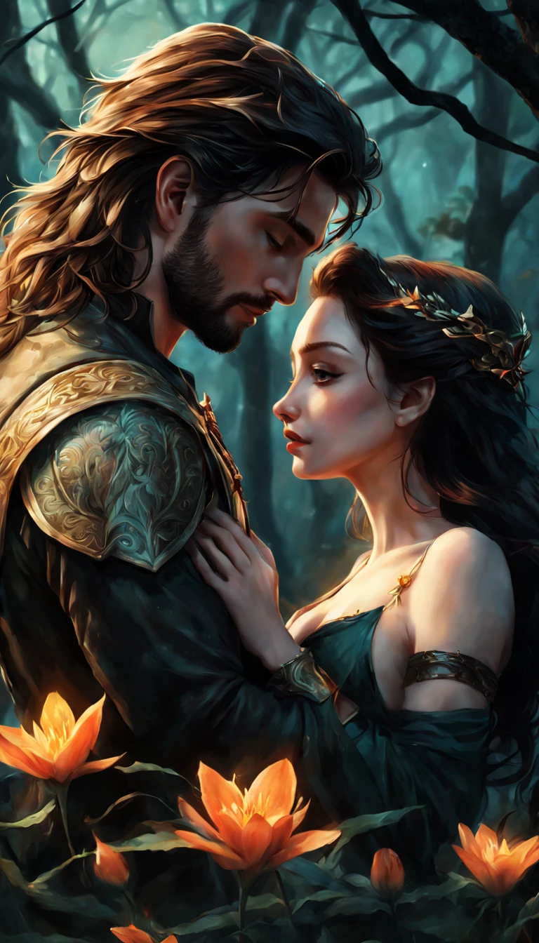 Fantasy illustration of an adorably attractive duo, intertwined in a very intimate moment amidst the wild charm of nature, darkness . ember, devoted himself to devotion. From the Dreamer.