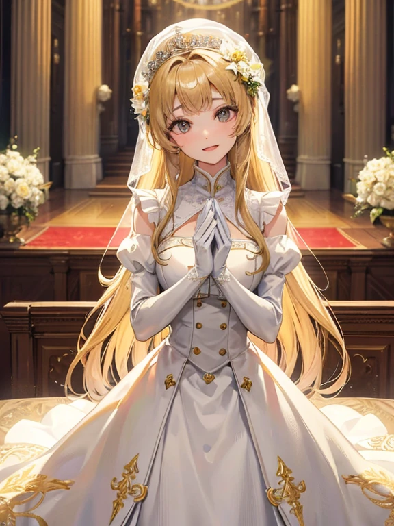 In front of the altar of a majestic church、(blurry backround)、brightened light、golden long hair girl、Classic White Wedding Dresses、(elegant luster)、(Lots of races)、lots of ribbons、((voluminous puff sleeves))、long cuffs with many buttons、golden embroidery、Long Train、white embroidered gloves、5 fingers、A smile、Redness of the cheeks