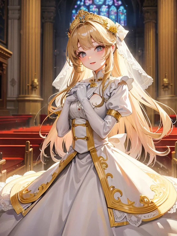 In front of the altar of a majestic church、（blurry backround）、brightened light、golden long hair girl、Classic White Wedding Dresses、（elegant luster）、（Lots of races）、lots of ribbons、（（voluminous puff sleeves））、long cuffs with many buttons、golden embroidery、Long Train、white embroidered gloves、5 fingers、A smile、Redness of the cheeks