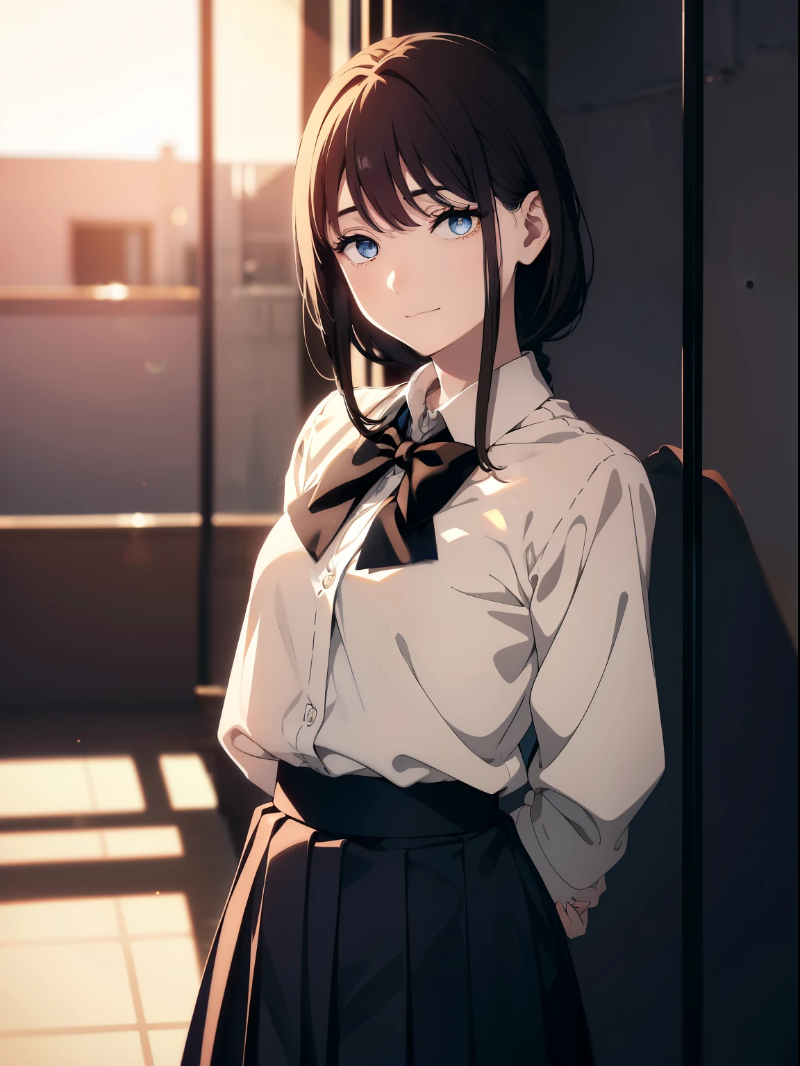 (Obra maestra, La mejor calidad, ultrahigh resolution), 1girl, school uniform, white office shirt, black pleated skirt, light brown hair, long hair cut, pale skin, ((blue eyes)), glowing_eyes, neon eyes, (ultra detailed eyes, beautiful and detailed face, detailed eyes), ((centered)), smile, ((wide shot)), facing viewer, eye level, (blurry background, sunset background), flat chested, looking at viewer, half closed eyes, (perfect hands), (head, arms, hips, elbows, in view), ((tall)), ((hands behind back)), empty eyes