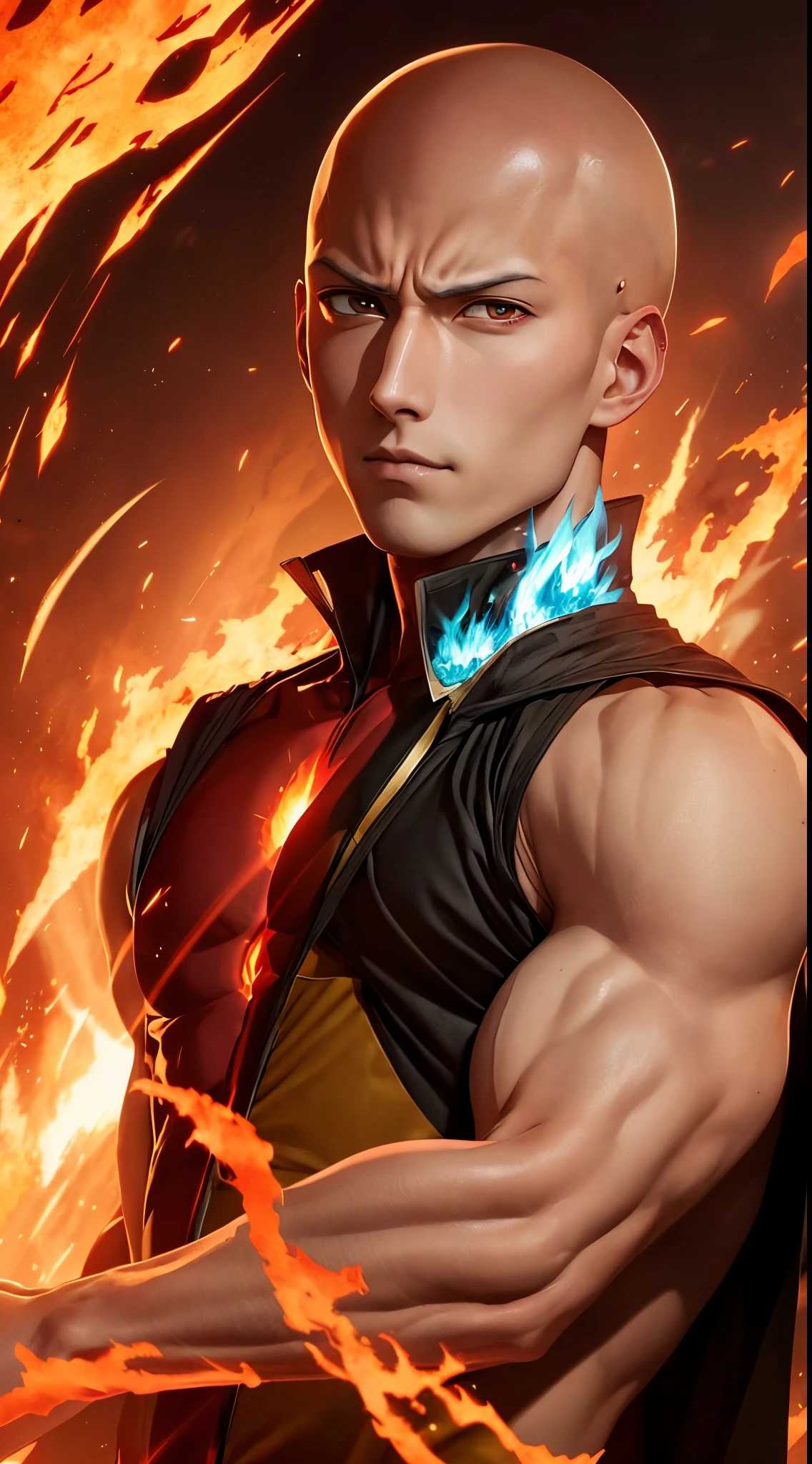 "Get lost in the mesmerizing gaze of Saitama's piercing red eyes as he effortlessly controls the element of fire with his relaxed and handsome demeanor."
