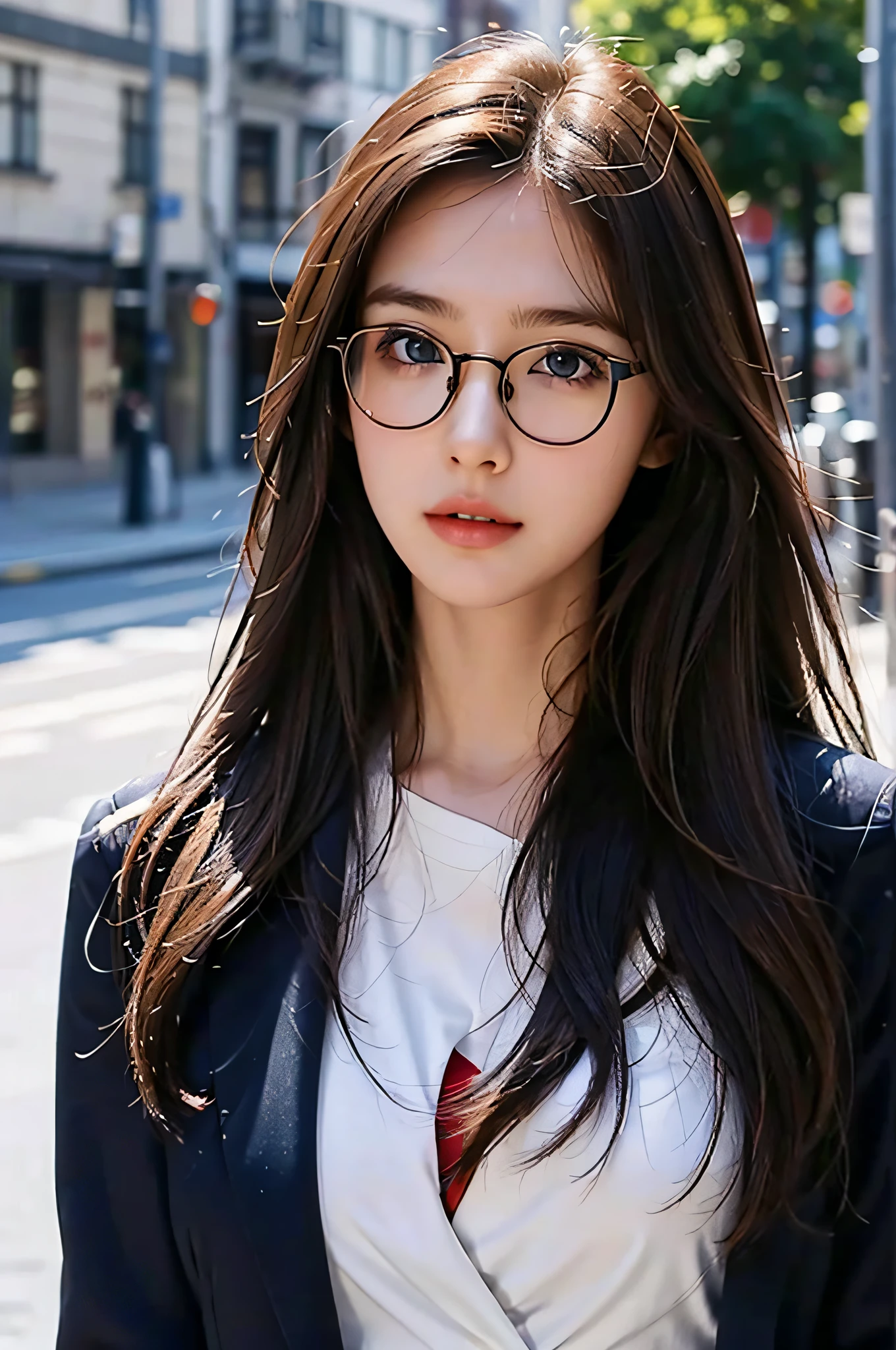 girl, brown hair, long hair, messy hair, white skin, blue eyes, cute, big chest, round glasses, office suit, city, japen, 8K, super render , master piece, realistic ,looking at camera,