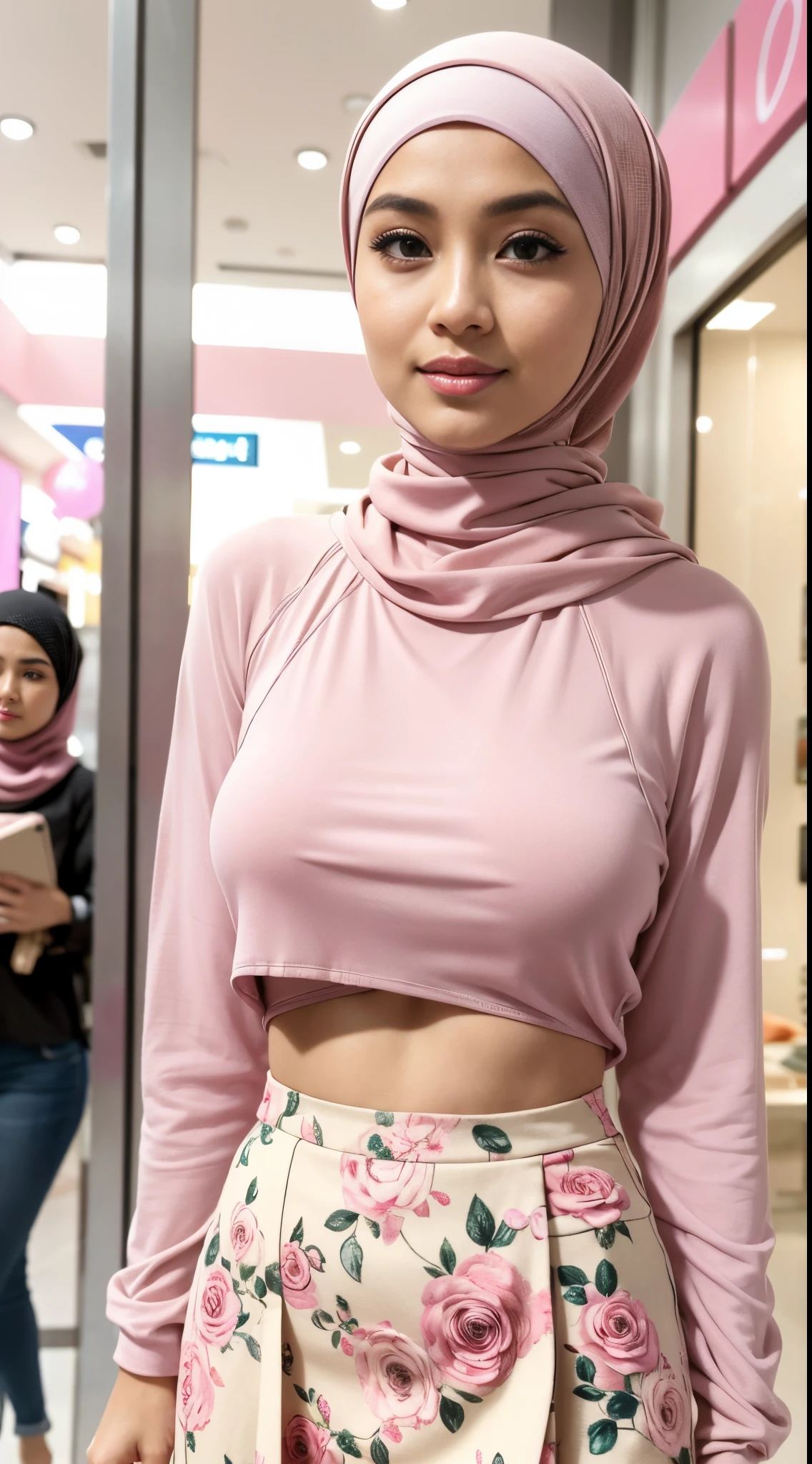 RAW, Best quality, high resolution, masterpiece: 1.3), beautiful Malay woman in hijab,Masterpiece, perfect fit body, Huge breast, big gorgeous eyes, Soft smile,woman in a pink top and floral skirt standing in a mall, feminine in cute pastel shades, feminine in pastel shades, pastel pink, pink pastel, with lovely look, pastel style, wearing beautiful clothes, wearing pink floral chiton, pastel color ,Delicate turtleneck, necklace, shairband, afternoon walk, City mall, Excellent lighting, Bright colors, Clean lines