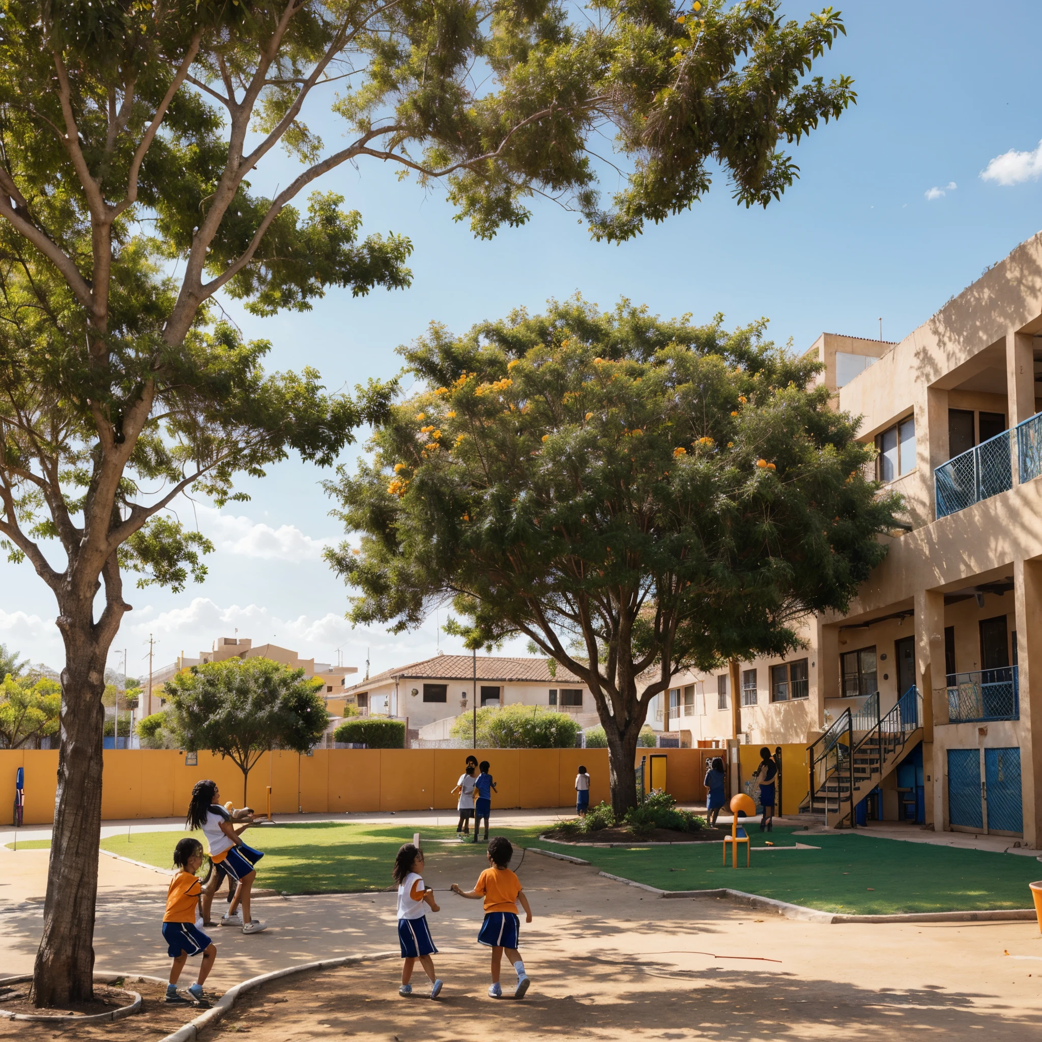 A charming scene of a sunny school, with a towering orange Ypê tree in the foreground. In the background, happy children are excitedly playing on the colorful playground, creating a happy and educational atmosphere.