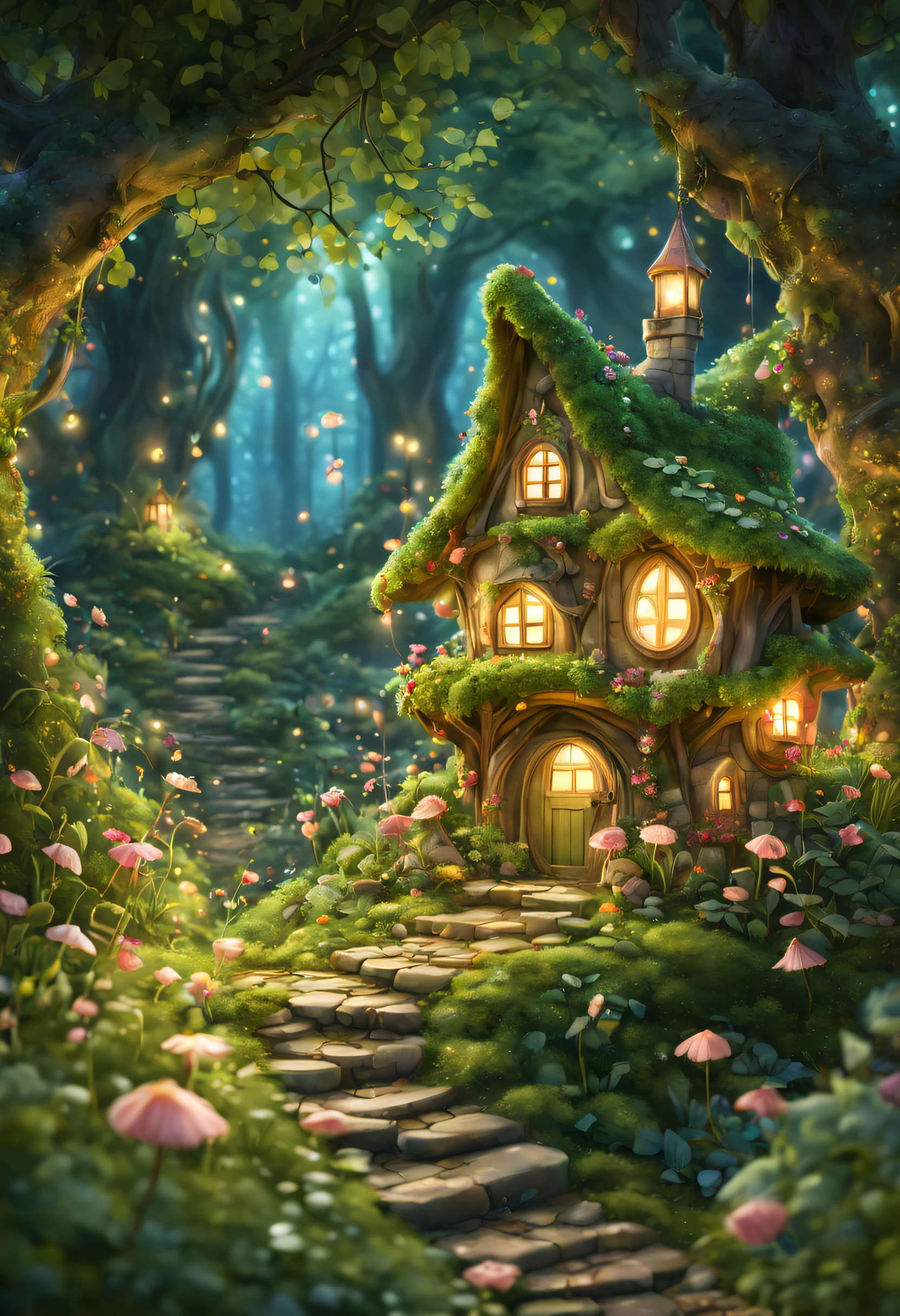 In a secluded glade nestled within an ancient forest, a charming fairy village comes to life, luminescent dwellings adorned with petals and leaves dot the landscape, while tiny pathways wind through the verdant surroundings, sparkle, glowing light, super detail, highres, best quality, 16k