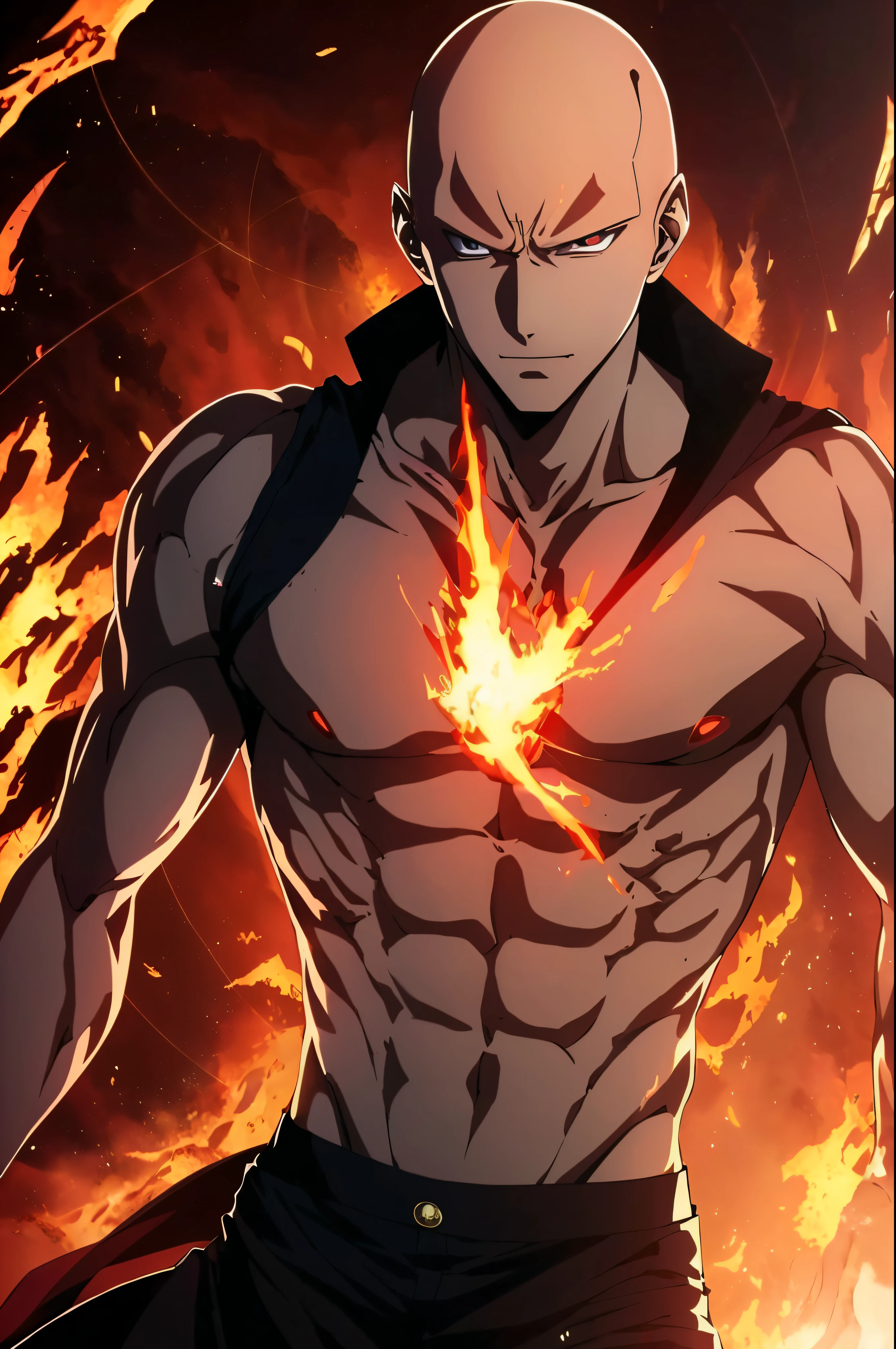 "Get lost in the mesmerizing gaze of Saitama's piercing red eyes as he effortlessly controls the element of fire with his relaxed and handsome demeanor."