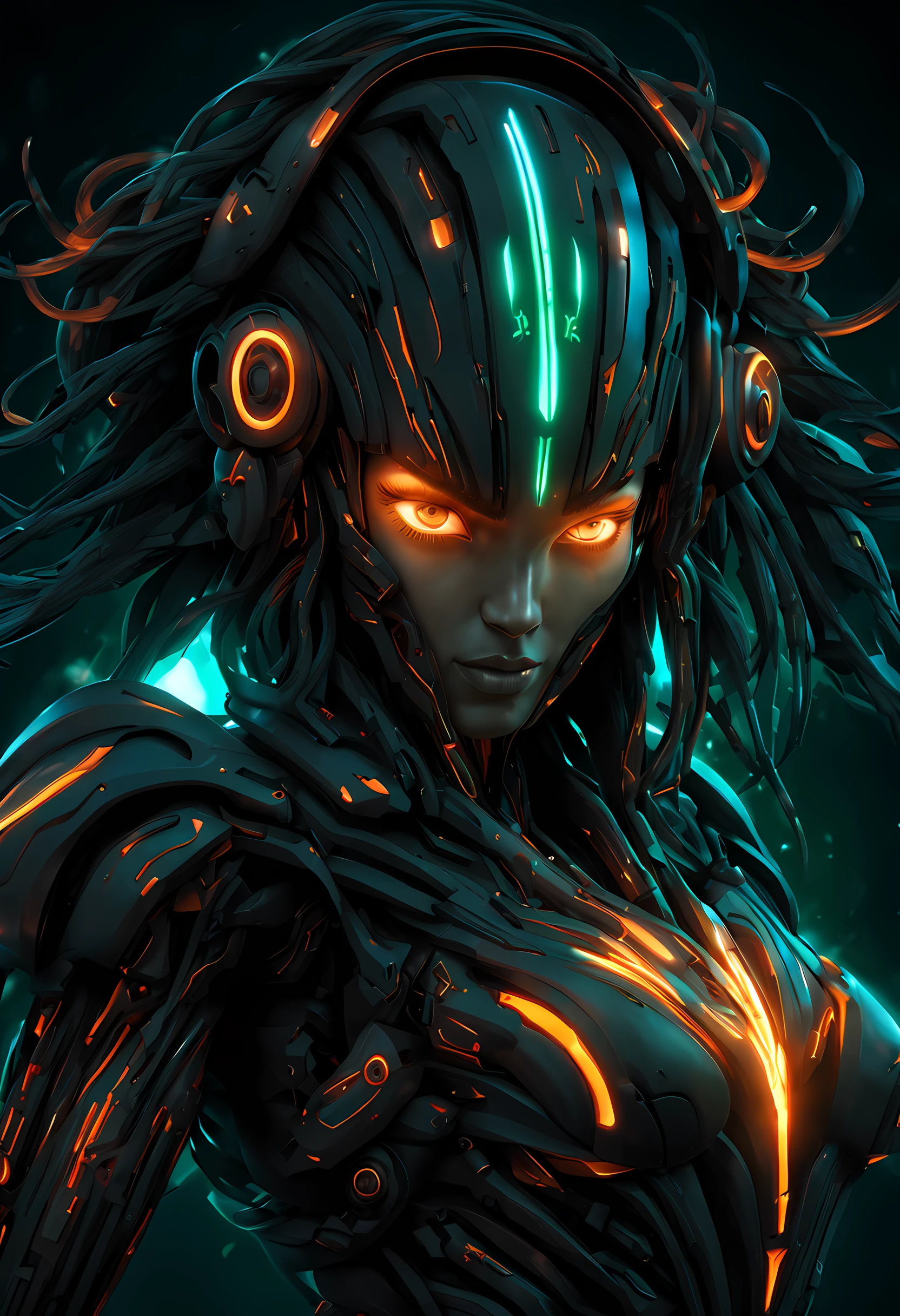 detailed background, masterpiece, (realistic:1.2), Cinematic lighting, Biomechanical goddess, dynamic pose, Long hair. Subtle smile. Black and orange military-style, protective outer plated layers cover most of her body, covering her body's inner mechanisms. Visible inner mechanisms on her body comprise pneumatic pistons, wires, and components, beneath the outer plating. Bright, glowing neon blue and green light emanates from the inner mechanisms. Biomechanical headdress. Holding a pair of futuristic pistols, reflex sights. Black background.