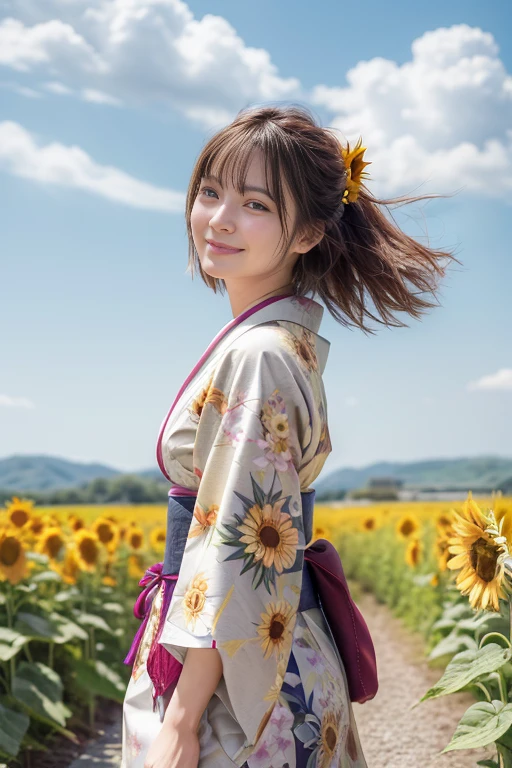 top-quality、masterpiece、超A high resolution、(Photorealsitic:1.4)、1girl in,Beautuful Women,Very beautiful woman、infp young woman、Sunshine,the sun shines on my hair,Black national costume,japanese kimono,The wind passes through the wide sky,white clouds,yellow sunflower field,Smiling Woman,kawaii,Very good style,A woman wearing a kimono fluttering in the wind,Petals are scattering in the sky
