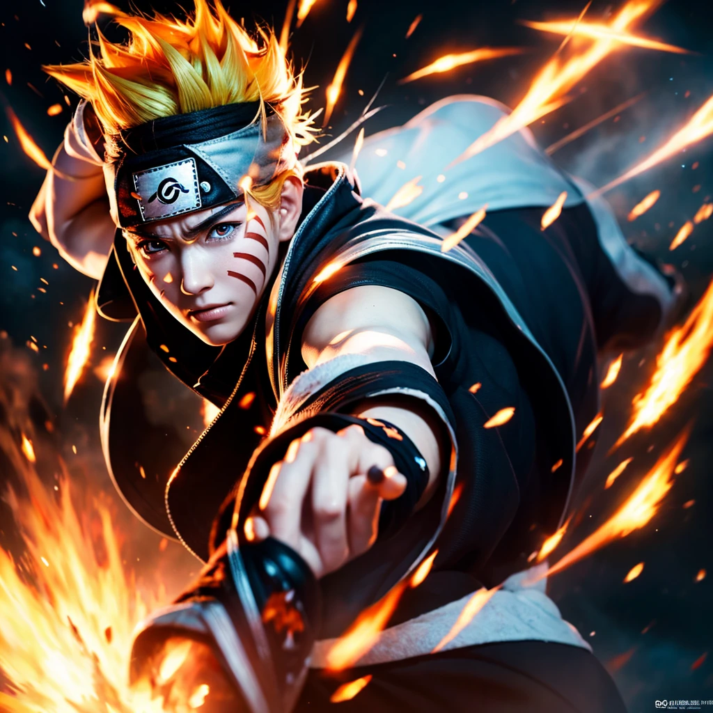 Best quality, ultra high resolution, 8k, masterpiece, ultra detailed, anime, 3d, realistic, character uzumaki naruto, fighting pose