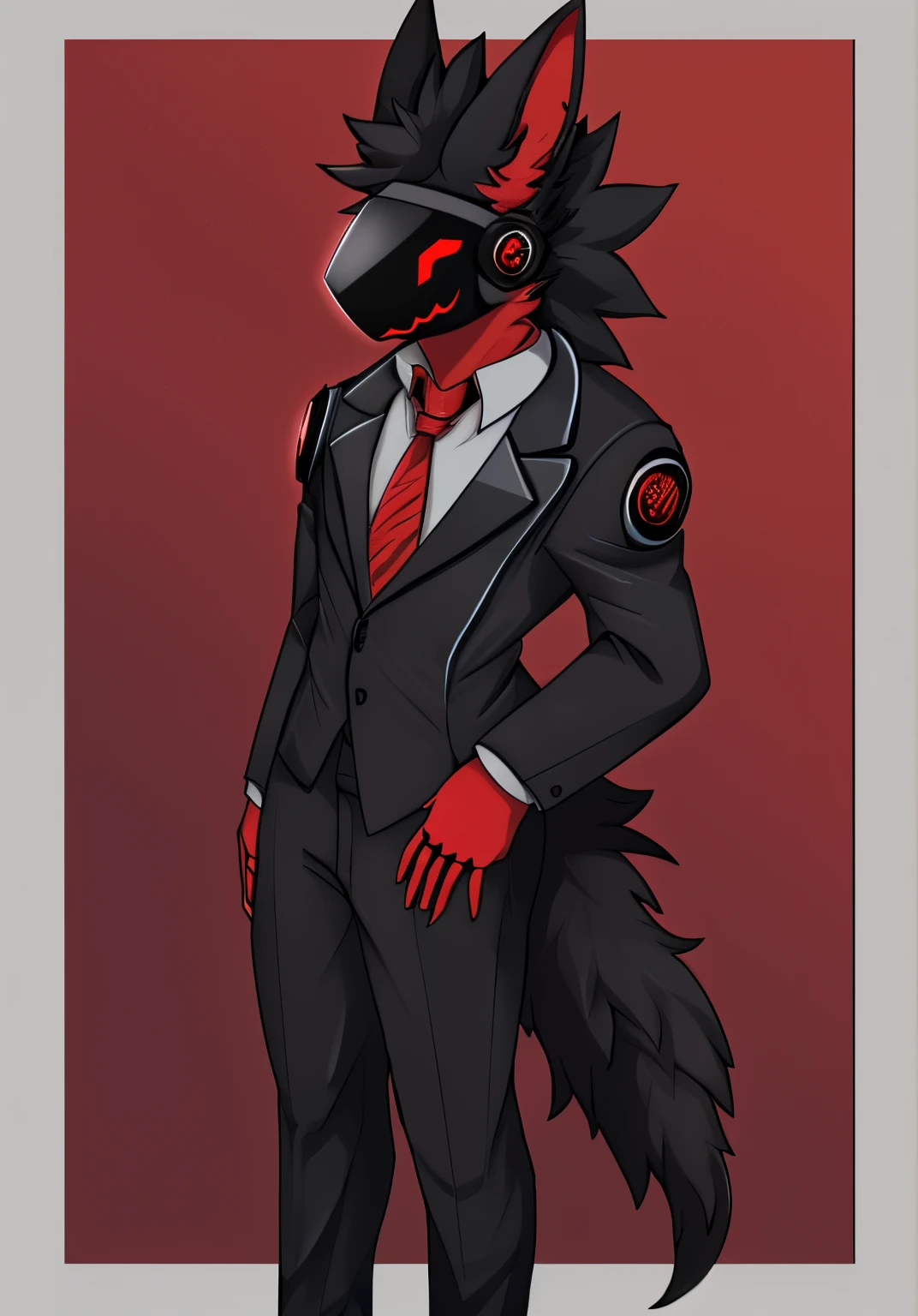 Protogen, The robot, male, black, little red, Red Eyes, Black eyes, Black suit, Black long pants, office worker, neat, Sexy