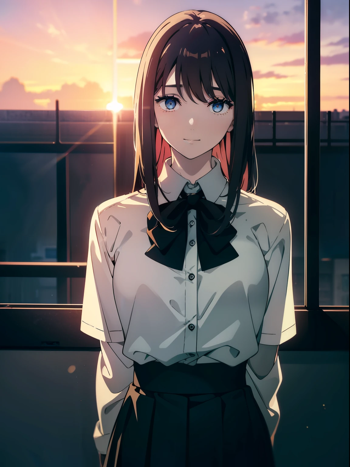 (Obra maestra, La mejor calidad, ultrahigh resolution), 1girl, school uniform, white office shirt, black pleated skirt, light brown hair, long hair cut, pale skin, ((blue eyes)), glowing_eyes, neon eyes, (ultra detailed eyes, beautiful and detailed face, detailed eyes), ((centered)), smile, ((wide shot)), facing viewer, eye level, (blurry background, sunset background), flat chested, looking at viewer, half closed eyes, (perfect hands), (head, arms, hips, elbows, in view), ((tall)), ((hands behind back)), empty eyes