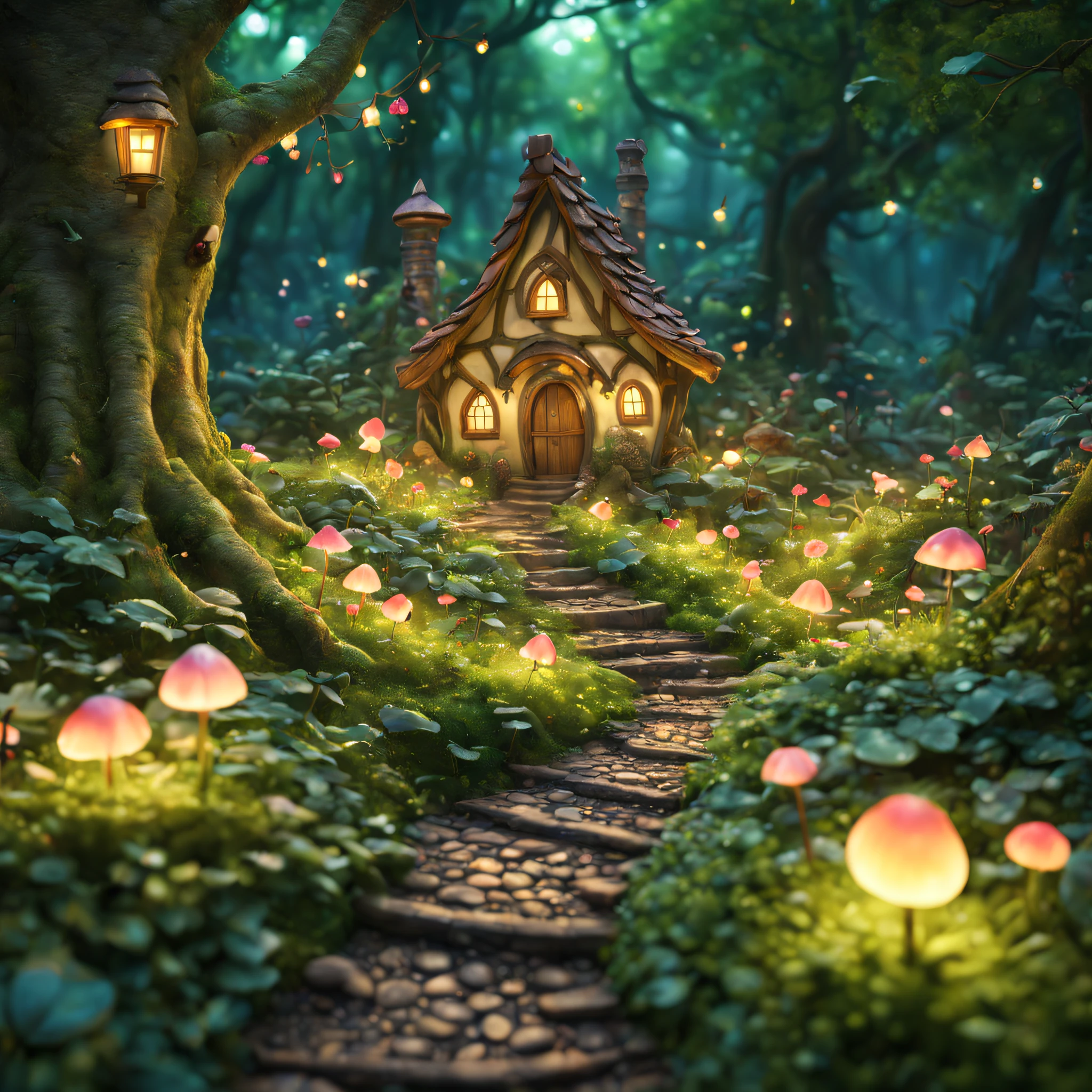 In a secluded glade nestled within an ancient forest, a charming fairy village comes to life, luminescent dwellings adorned with petals and leaves dot the landscape, while tiny pathways wind through the verdant surroundings, sparkle, glowing light, super detail, highres, best quality, 16k, (Surreal,A high resolution,4K,tmasterpiece:1.2),(vivd colour,bokeh,Artistic lighting)