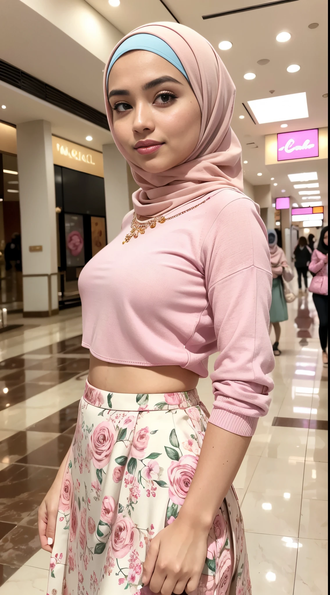 RAW, Best quality, high resolution, masterpiece: 1.3), beautiful Malay woman in hijab,Masterpiece, perfect fit body, Huge breast, big gorgeous eyes, Soft smile,woman in a pink top and floral skirt standing in a mall, feminine in cute pastel shades, feminine in pastel shades, pastel pink, pink pastel, with lovely look, pastel style, wearing beautiful clothes, wearing pink floral chiton, pastel color ,Delicate turtleneck, necklace, shairband, afternoon walk, City mall, Excellent lighting, Bright colors, Clean lines