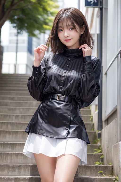 top-quality,ultra-detailliert,masterpiece,realisitic,Photo Real,Bright lighting,1 girl in, an extremely beautiful 17-year-old girl, (kawaii:1.2),Thin smile, (Brown eyebrows),perfect glossy skin,flawless skin,((A sexy)),((accurate hands without incongruity)), large full breasts,big breasts thin waist,Black dress,Skirts at length below the knee,fluttering,In the city of Harajuku,The city of Tokyo,At the top of the stairs,Climbing stairs,Shot from a distance,Hair fluttering in the wind,Eyeliner that tends to look downcast,long lashes,