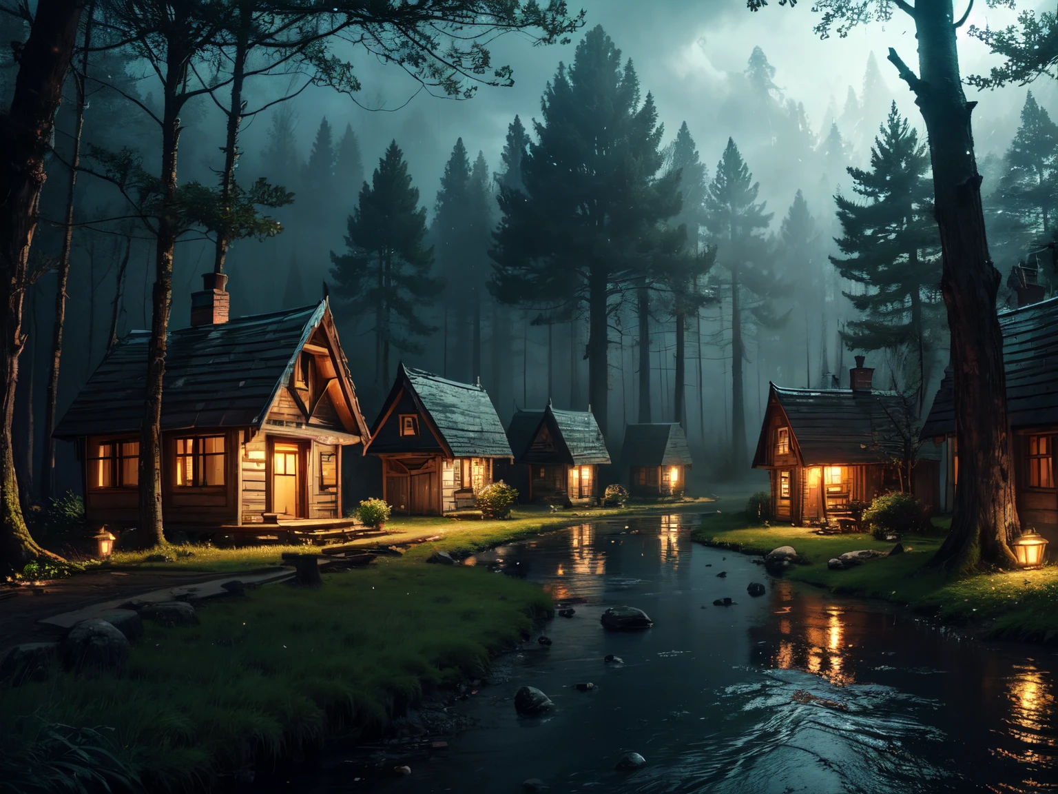 detailed, (masterpiece:1.2), (magical), (forest), dark, (glowing:1.3), atmospheric, (settlement), (sprite:1.3), (small houses:1.3), (giant_trees), (town:1.3)