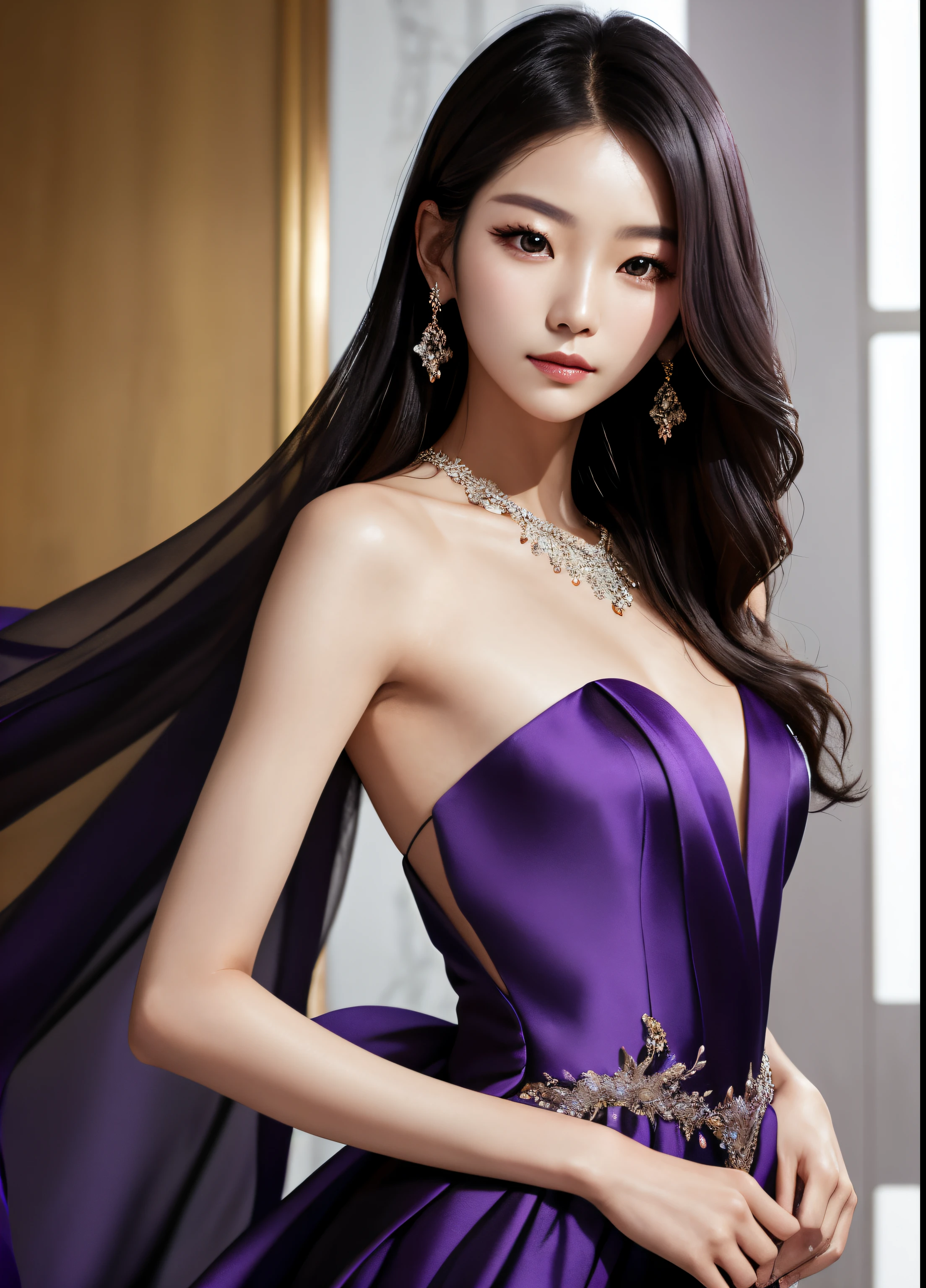 A stunning close up of a South Korean beauty, dressed in a flowing purple gown, striking a pose for the perfect picture.