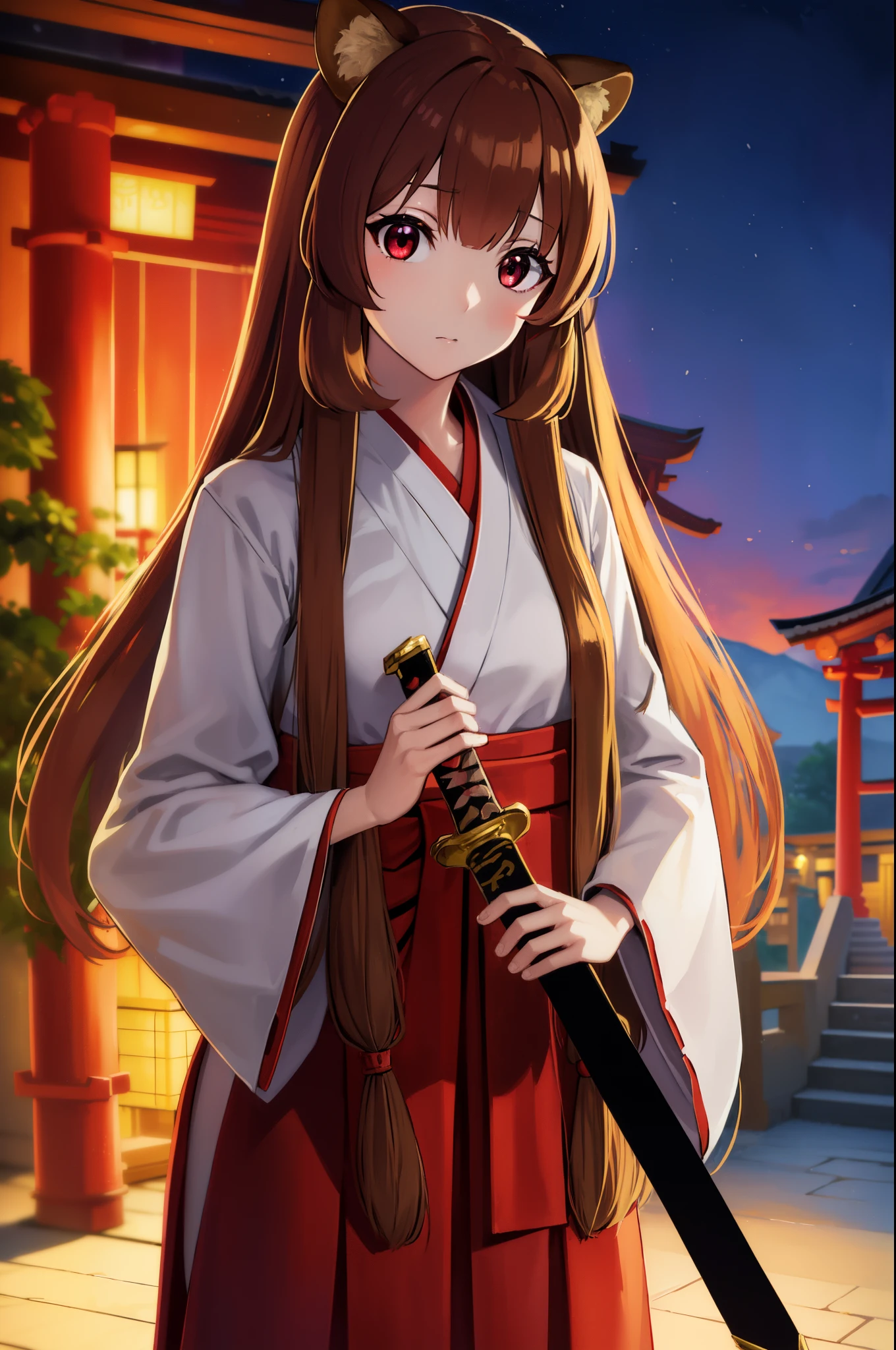 Raphtalia, Raphtalia, Animal ears, Brown hair, Long hair, raccoon ears, a racoon girl, racoon tail, (Red Eyes:1.5), tail,
(shrine maiden clothe:1.3), (Red Hakama:1.3)
a temple background, Nature, Sun, skyporn, (Cowboy Shot:1.4), Dynamic pose with a Japanese sword:1.4, (Hand holding a Japan sword:1.2), BREAK (masutepiece:1.2), Best Quality, High resolution, Unity 8k壁纸, (Illustration:0.8), (Beautiful detailed eyes:1.6), extra detailed face, Perfect Lighting, extremely details CG, (Perfect hands, Perfect Anatomy), (