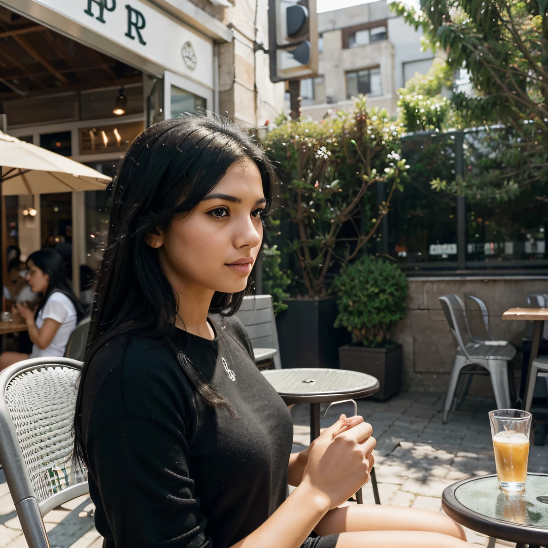 a woman with black hair takes a moment of calm before the game. sitting at an outdoor cafe, she reflects on the upcoming match. The atmosphere serene, with the anticipation of the game lingering in the air. Layla's focus unwavering, embodying the calm before the football storm.