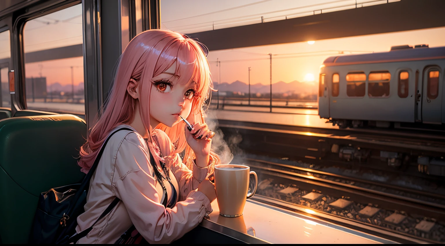 "Dreamy Dusk Delight": Anime girl near the train window and cup of coffee in a dreamy dusk landscape with warm pinks and oranges.