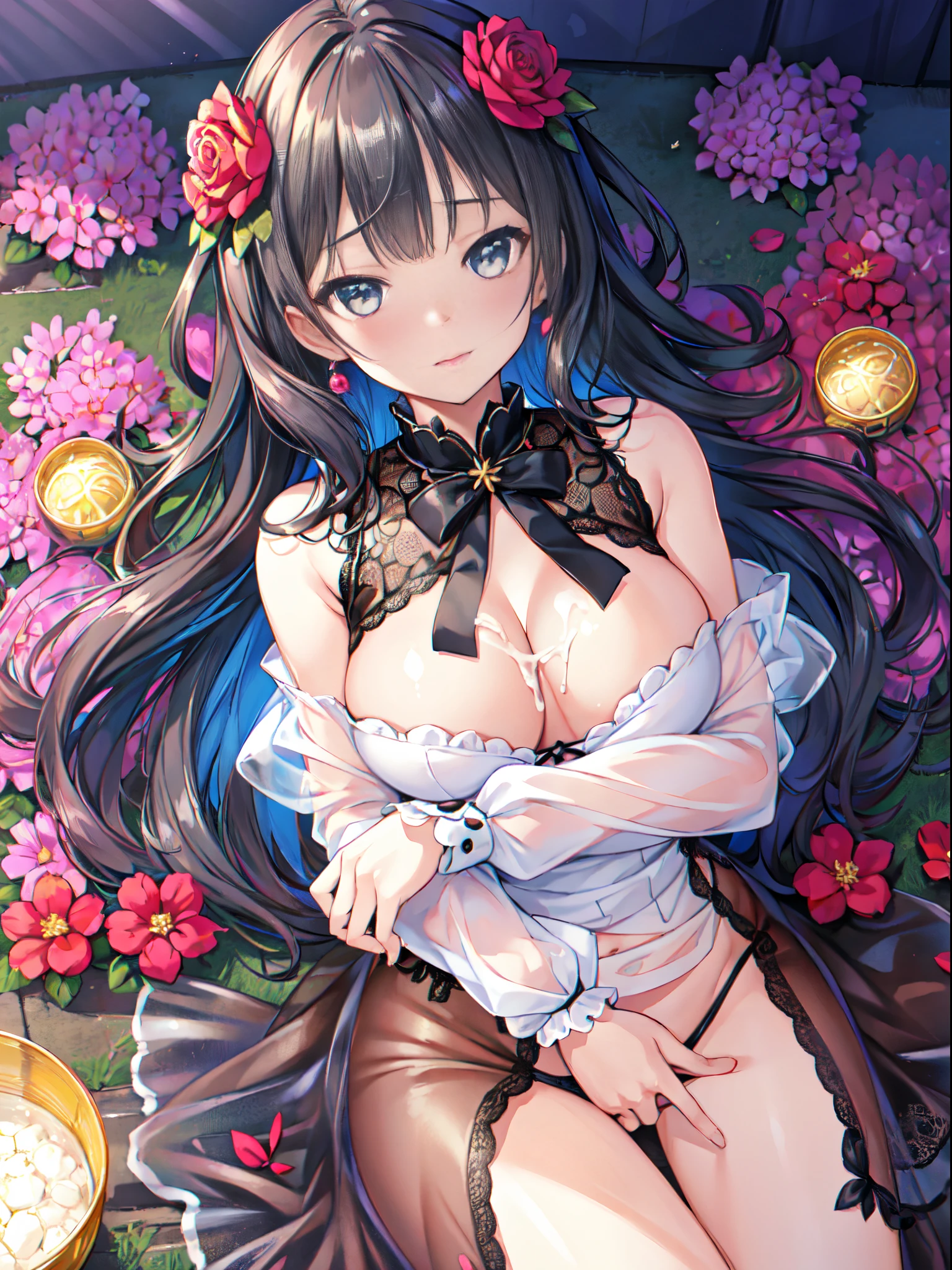 black rose fairy kisses the flower. That fairy smaller than a flower. The neat costume gives off a mysterious luster. flower  field, Natural light,(Best Quality), (masutepiece:1.3), Ultra-detailed, Best Quality, masutepiece, (Game CG:1.4),  NSFW, Detailed beautiful face and eyes,、Lingerie with a small area, large full breasts、 (See-through panties:1.2),、、masutepiece, superfine illustration, Best Quality, light Particle, Ultra-detailed, 8K Wallpaper, (Bright colors:1.2), ( Woman), Voluptuous body, huge-breasted, , Shiny skin, ) shiny eyes, Orgasm Face, o-face, Blush cheeks, Arched back,  (vaginal ), hetero, (top down bottom up, laying on back), (Woman spread legs), (Formidable :1.7), (cum shots:1.2), To NSFW, Bedroom, light up, Shadow,