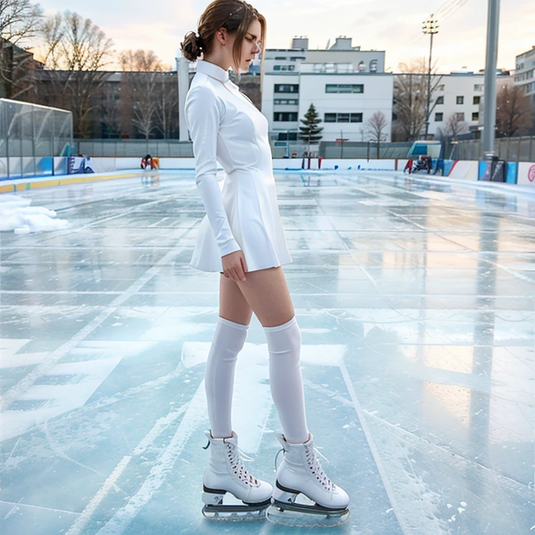 Female supermodel skates in an outdoor ice skating rink. Side-view. An elegant, white, ice skating dress. Empty rink.