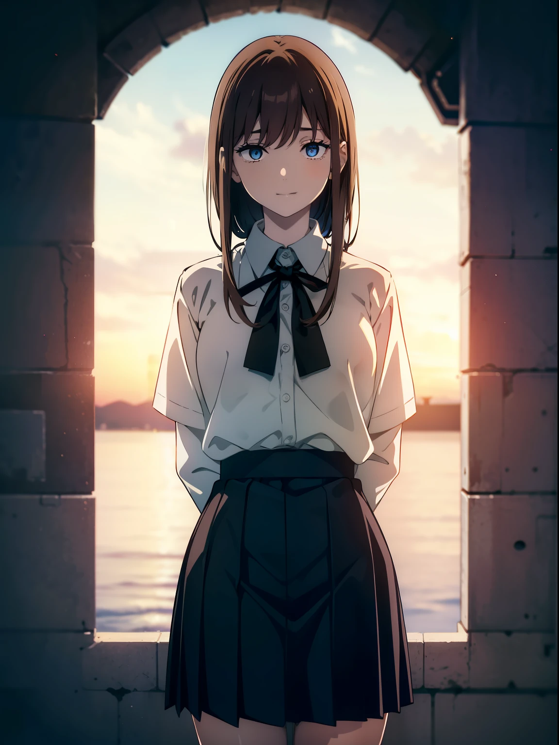 (Obra maestra, La mejor calidad, ultrahigh resolution), 1girl, school uniform, white office shirt, black pleated skirt, (light brown hair), long hair cut, pale skin, ((blue eyes)), glowing_eyes, neon eyes, (ultra detailed eyes, beautiful and detailed face, detailed eyes), ((centered)), smile, ((wide shot)), facing viewer, eye level, (blurry background, sunset background), flat chested, looking at viewer, half closed eyes, (perfect hands), (head, arms, hips, elbows, in view), ((tall)), ((hands behind back)), empty eyes