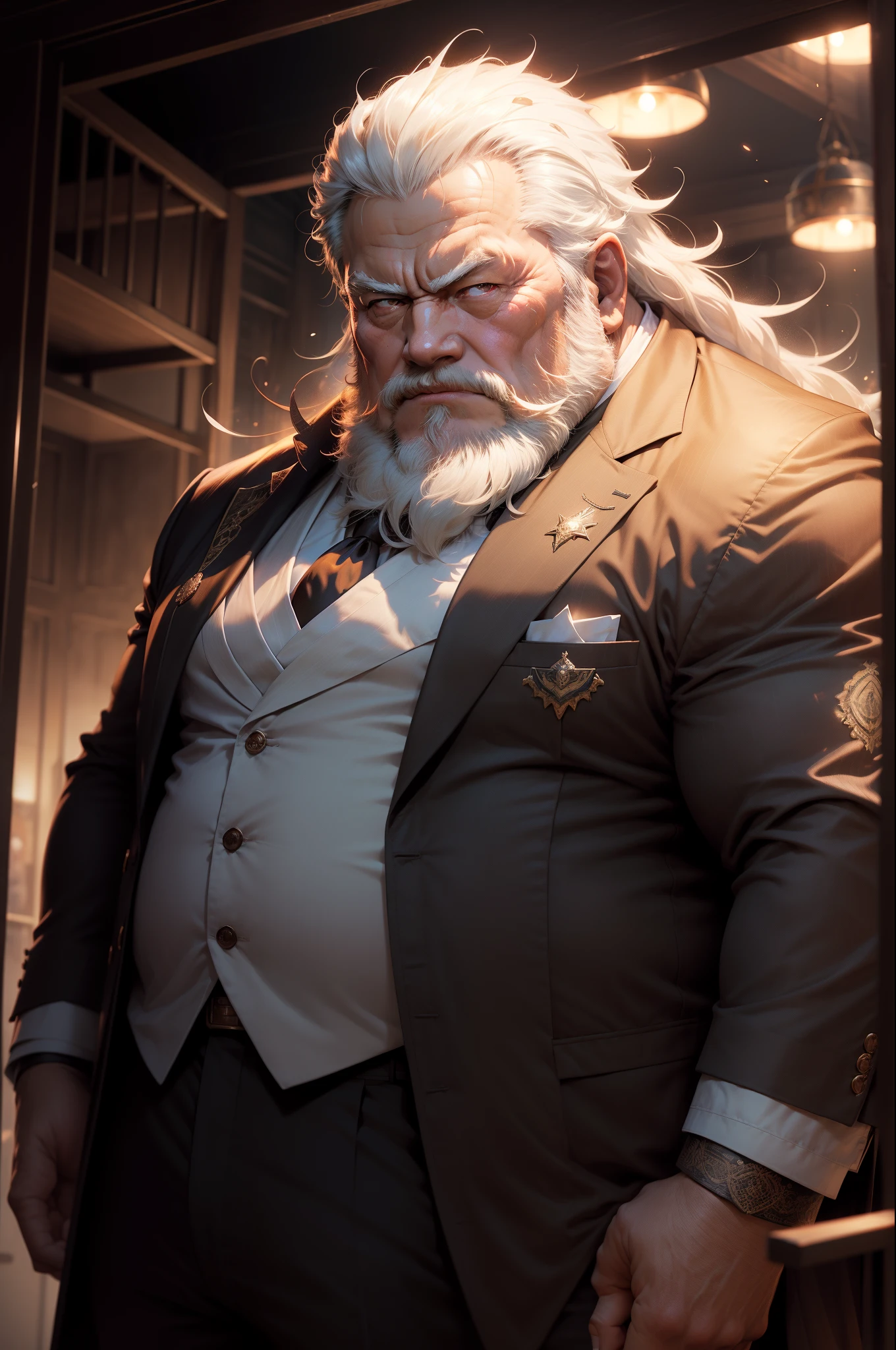 Old Man, Yui,royal commander, thick body, a little chubby,Gorgeous suits,Long tie,White beard,White hair,Handsome,Grassy, sharp gaze, In the cage,Glowing red eyes, big bulge, Standing, Hide your hands behind your hips, HD quality, masutepiece, Extremely detailed, Looking to the Viewer, perspective view, nffsw, 64k uhd, Unreal.(highly detailedskin), (Detailed face), Detailed background, Dark lighting, Twilight Lighting, Volumetric lighting, Intricate details, nffsw、he has a very erotic pose