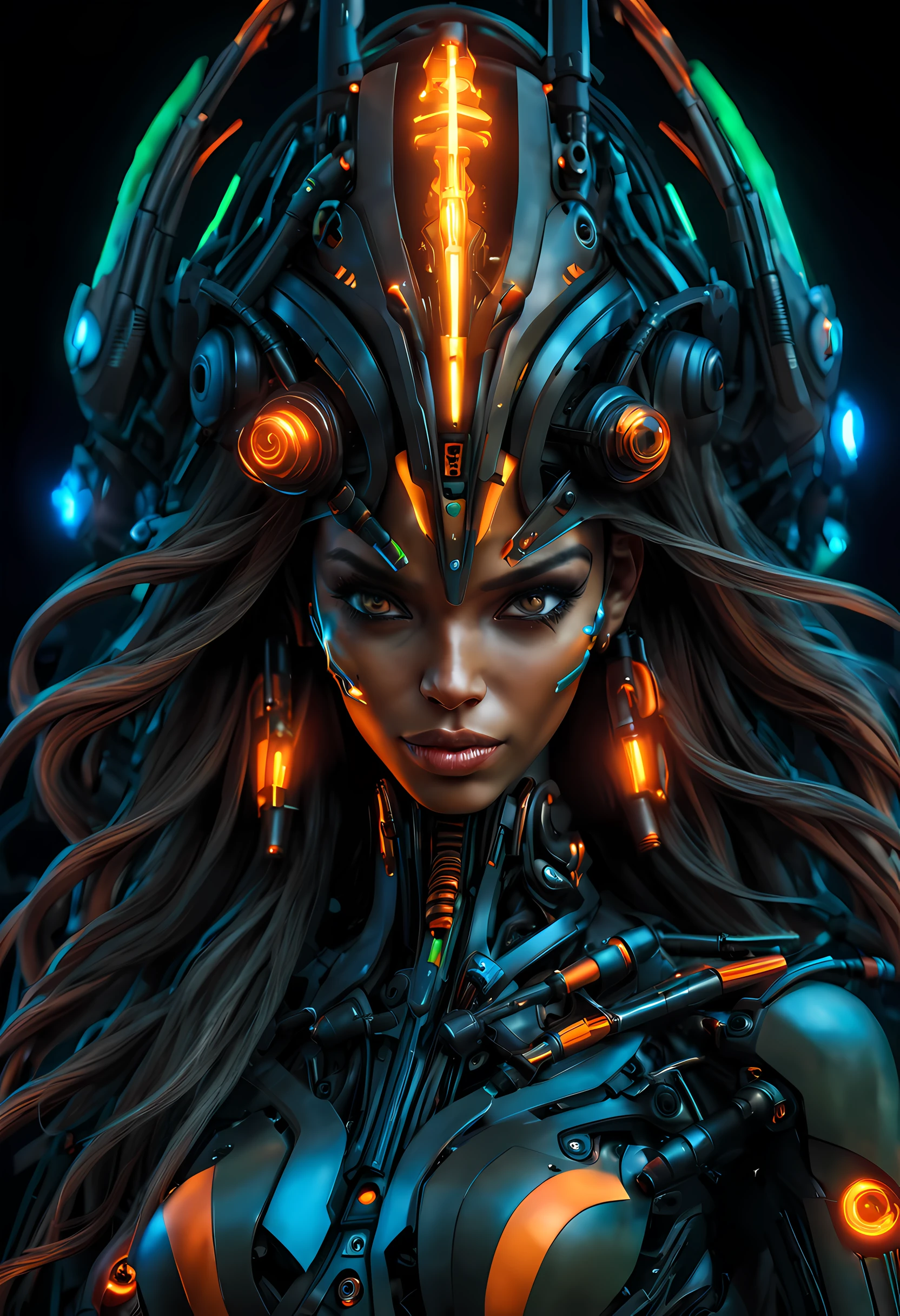 masterpiece, (realistic:1.2), Cinematic lighting, Biomechanical goddess, dynamic pose, head and torso image, Long hair. Subtle smile. Black and orange military-style, protective outer plated layers cover most of her body, covering her body's inner mechanisms. Visible inner mechanisms on her body comprise pneumatic pistons, wires, and components, beneath the outer plating. Bright, glowing neon blue and green light emanates from the inner mechanisms. Biomechanical headdress. Holding a pair of futuristic pistols, reflex sights. Black background.