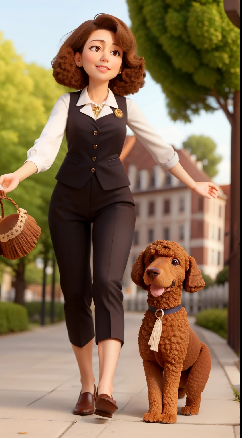 Obra maestra, La mejor calidad, la mujer es hermosa, with brown hair tailored, brown eyes, mejillas sonrosadas, playing in the park with his brown poodle dog