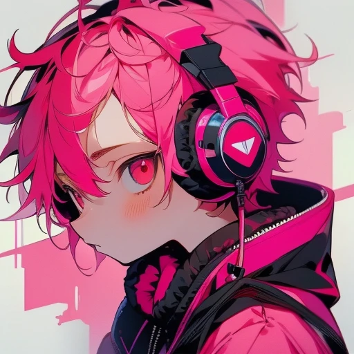 (Two-block hair), (vivid pink hair), (head phone), (male character), (red eyes), (Adults), (Cool)