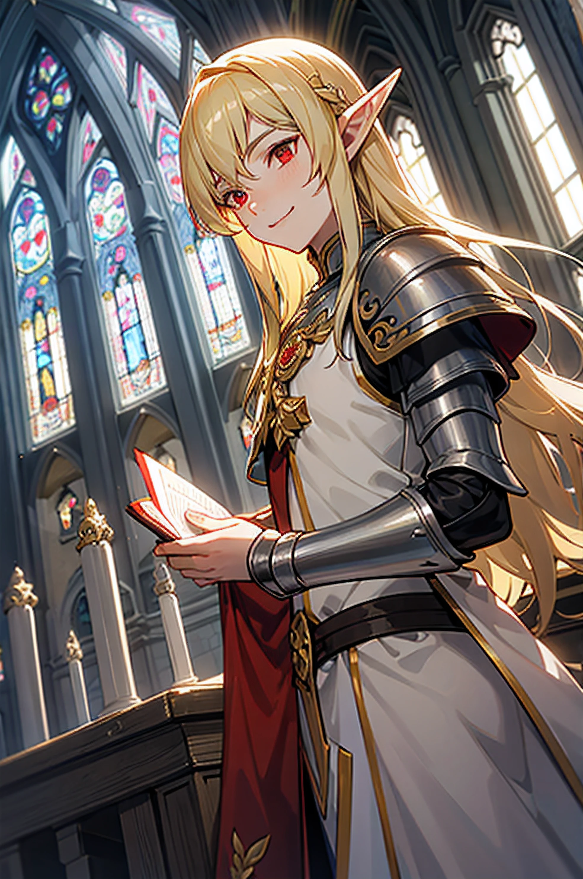 One beautiful face boy noble paladin half elf with blonde long hair red eyes. Wearing silver high class armour. Smiling. Swear an oath in Chapel.