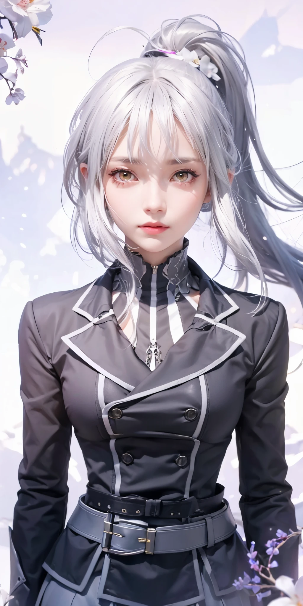 1girl, huge breast, silver hair, yellow eyes, high quality, ultra detailed, masterpiece, realistic