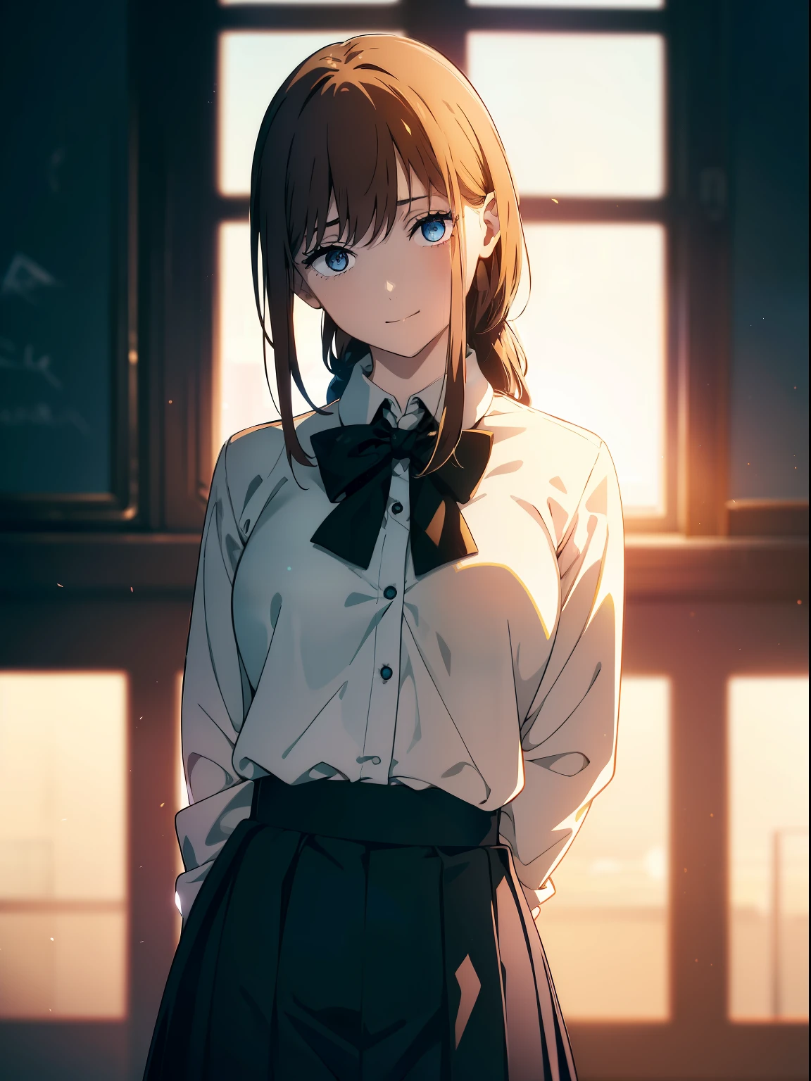 (Obra maestra, La mejor calidad, ultrahigh resolution), 1girl, school uniform, white office shirt, black pleated skirt, (light brown hair), long hair cut, pale skin, ((blue eyes)), glowing_eyes, neon eyes, (ultra detailed eyes, beautiful and detailed face, detailed eyes), ((centered)), smile, ((wide shot)), facing viewer, eye level, (blurry background, sunset background), flat chested, looking at viewer, half closed eyes, (perfect hands), (head, arms, hips, elbows, in view), ((tall)), ((hands behind back)), empty eyes, ((light hitting side of face))