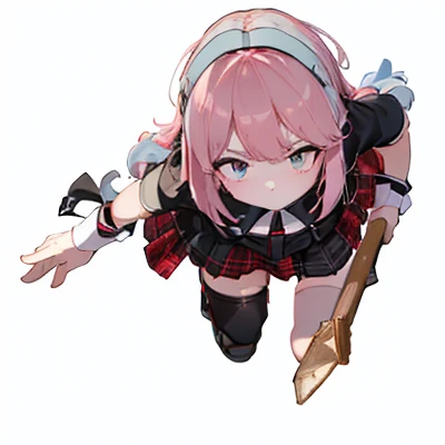 ((portrait): 1.5), ((15 year old girl)), (red plaid skirt, black blouse): 1.5), (masterpiece, best quality; 1.3), extremely detailed, unitary 8k, perfect lighting, perfect shading,, 1 girl, pink hair, full body, white background detailed black dress, from above, looking down, black socks ((white background): 1.5), 4k