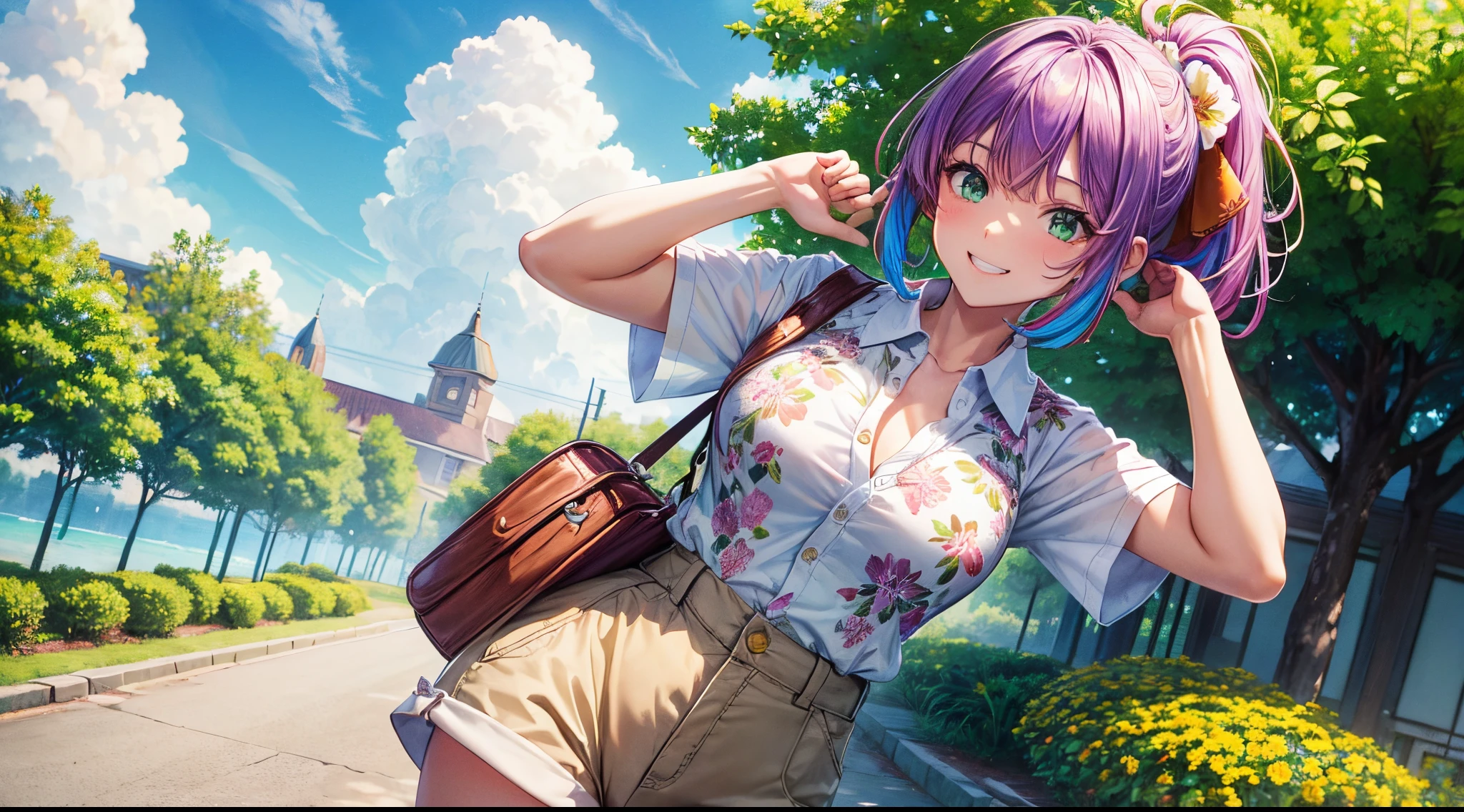 1girl, solo, summer, village, trees, sun, clouds, ((colorful hair)), ponytail, large breasts, button down, green eyes, ((floral pattern white shirt)), ((unbuttoned shirt)), ((short sleeved shirt)), belly reveal, shorts, brown shoes, grin, looking at the viewer, standing, hair ribbon, shoulder bag