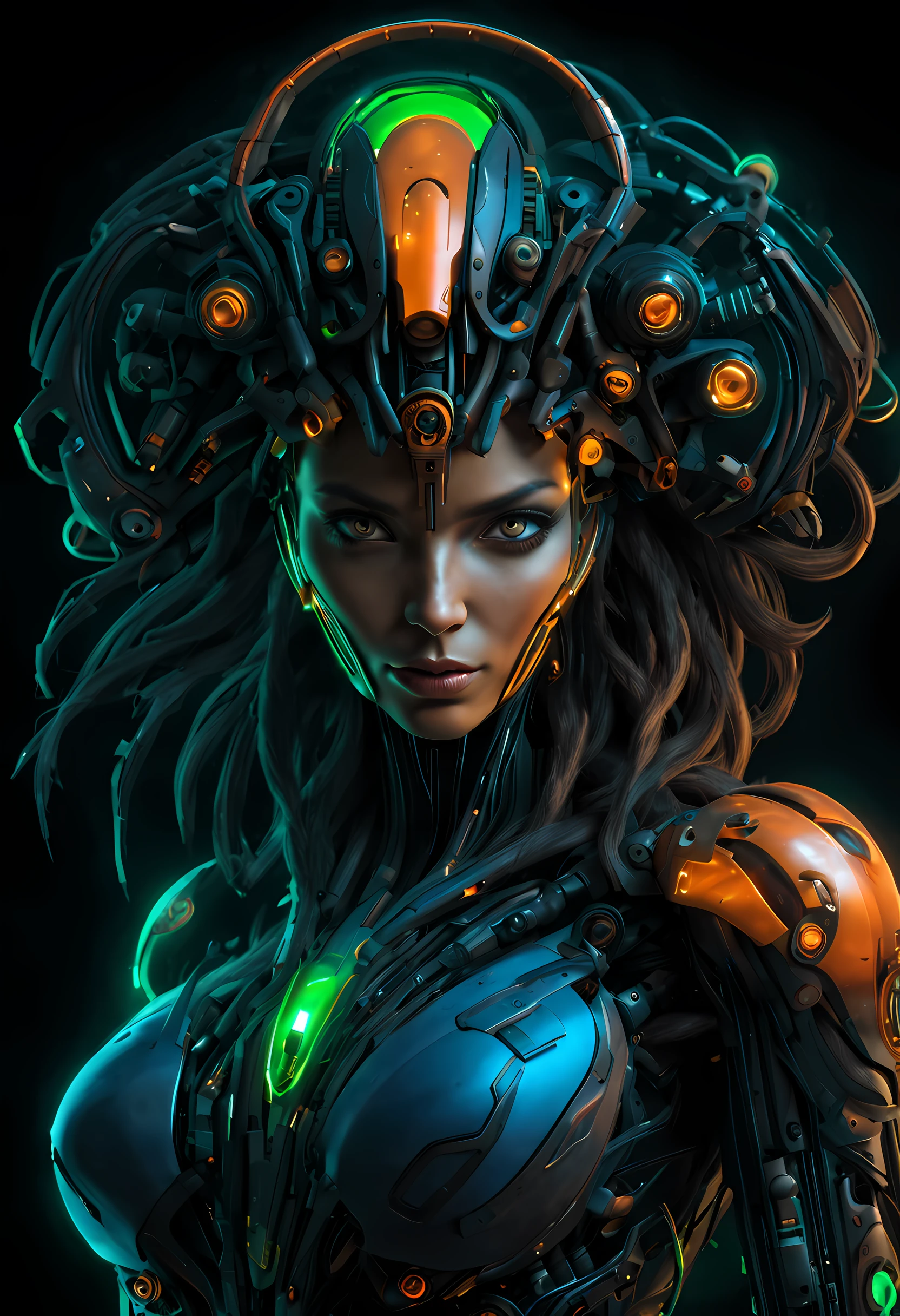 masterpiece, (realistic:1.2), Cinematic lighting, Biomechanical goddess, dynamic pose, head and torso image, Long hair. Subtle smile. Black and orange military-style, protective outer plated layers cover most of her body, covering her body's inner mechanisms. Visible inner mechanisms on her body comprise pneumatic pistons, wires, and components, beneath the outer plating. Bright, glowing neon blue and green light emanates from the inner mechanisms. Biomechanical headdress. Holding a pair of futuristic pistols, reflex sights. Black background.