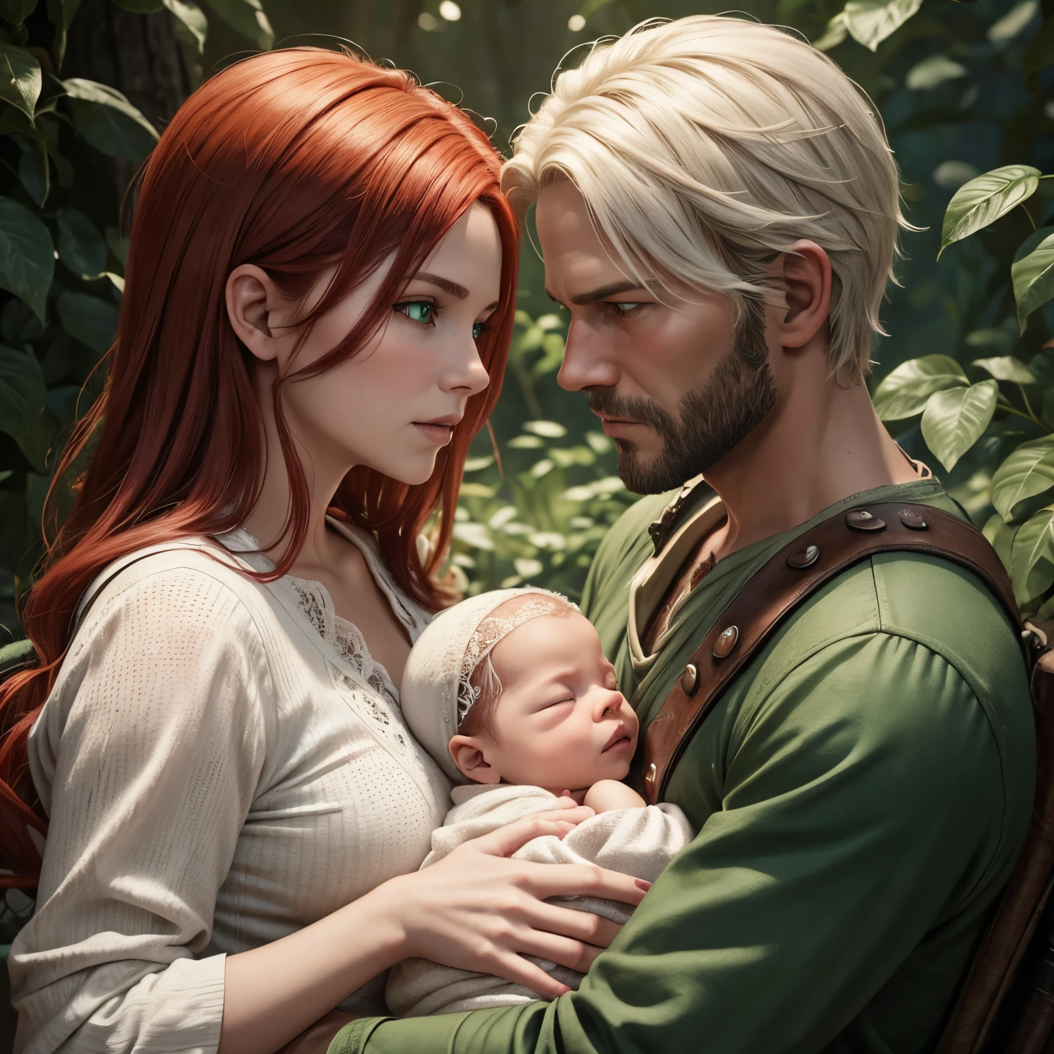 Um pai, a mother and her baby. The father is Arthur Morgan from Red Dead Redemption. The mother has red hair and green eyes and the baby is a newborn with white hair and green eyes..