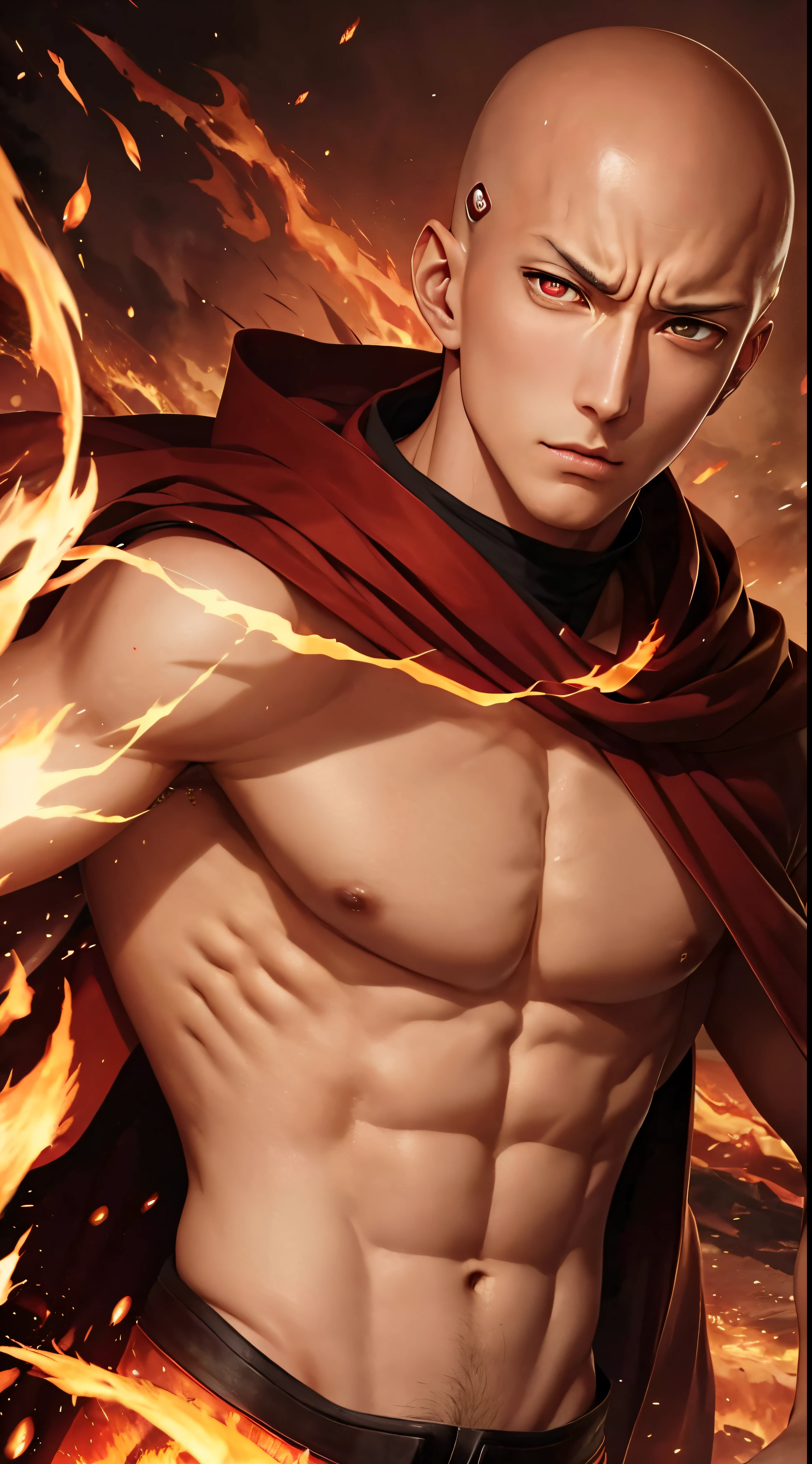 "Get lost in the mesmerizing gaze of Saitama's piercing red eyes as he effortlessly controls the element of fire with his relaxed and handsome demeanor."