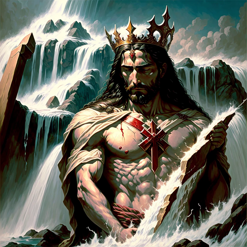 Jesus, the embodiment of sacrifice and redemption, stands in the midst of a majestic waterfall. His sorrowful gaze is fixed on the horizon, and a crown of thorns rests upon His head, bearing the weight of the world's sins. The thorns are stained with blood, a poignant symbol of His profound sacrifice. The cascading waters surround Him, symbolizing the cleansing power of His atonement