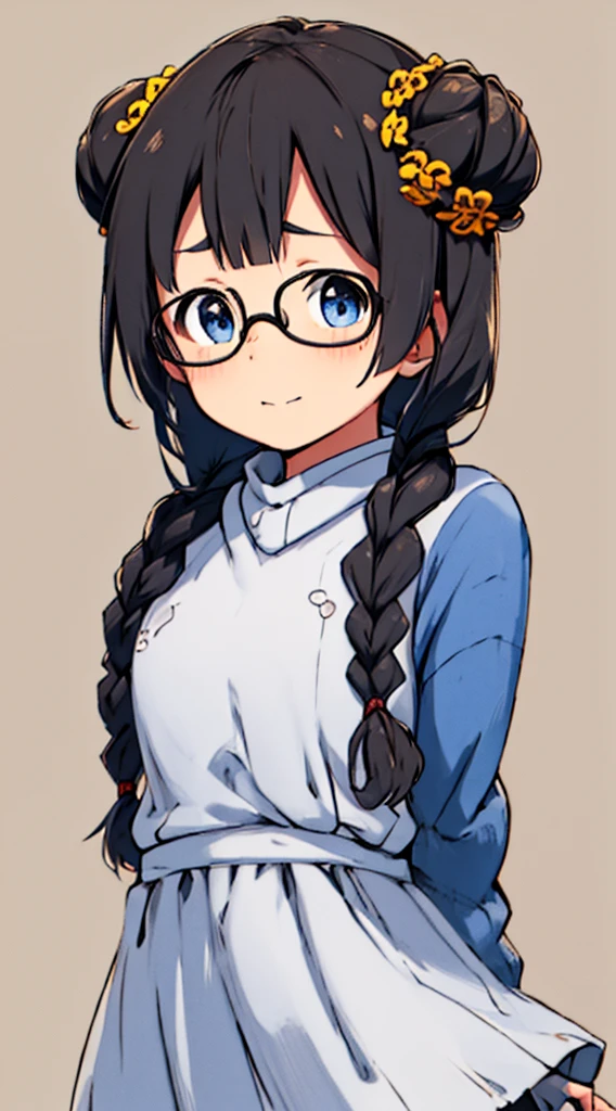 ​masterpiece, top-quality, One lady, Japan people in their 20s, A slight smil, (A dark-haired, Bun hair, With bangs, Gather your bangs into two braids), (thick eyebrow, Draw thick eyebrows), (drooing eyes, Blue eyes, Blue eyes), small nose, Thicker lips, (Rimless glasses, Small glasses, Women's glasses), Wheat-toned skin, qipao dress, (Looking at the camera, Front of camera, Look at viewers, Front attitude, Turn your face to the viewer, face forwards).
