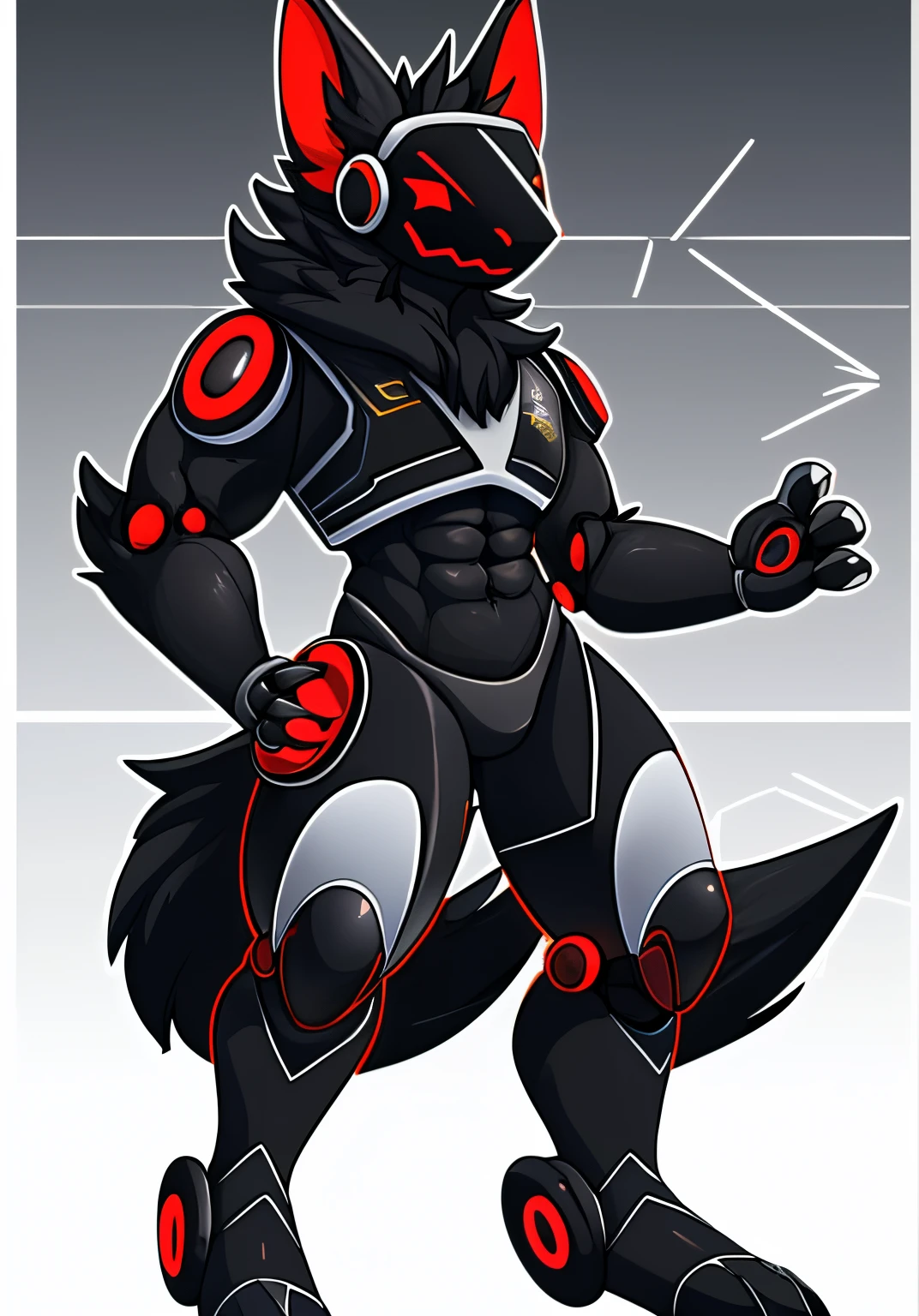 Protogen, The robot, male, black, little red, Red Eyes, Black eyes, Sexy, Muscular