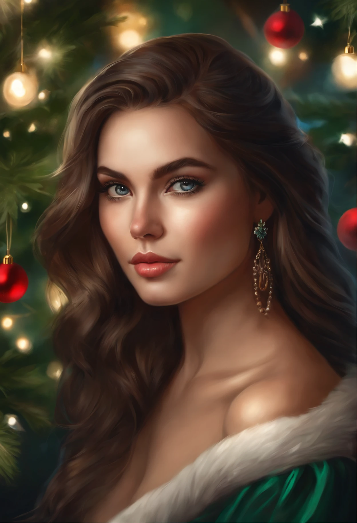 a painting of a woman, sitting in front of the Christmas tree, artgerm portrait, 8K Artgerm Bokeh, realistic picture of cute rocker girl, cute portrait, digital fantasy portrait, gorgeous digital painting, in the art style of bowater, fantasy art portrait, adorable digital painting, beautiful fantasy art portrait, beautiful digital painting