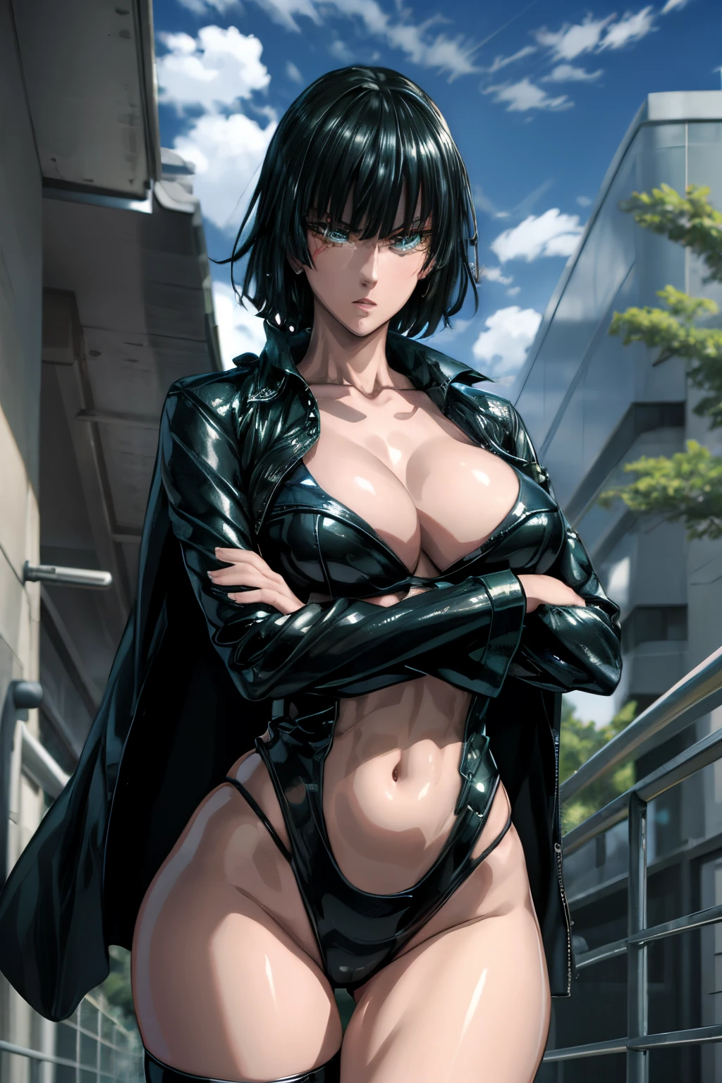 Fubuki, Hermosa mujer cyberpunk con corona, Con armadura estilo Master Chef, sci-fi technology, HDR (High Dymanic Range), Trazado de rayos, muy sexy, cuerpo completo, Pose de batalla