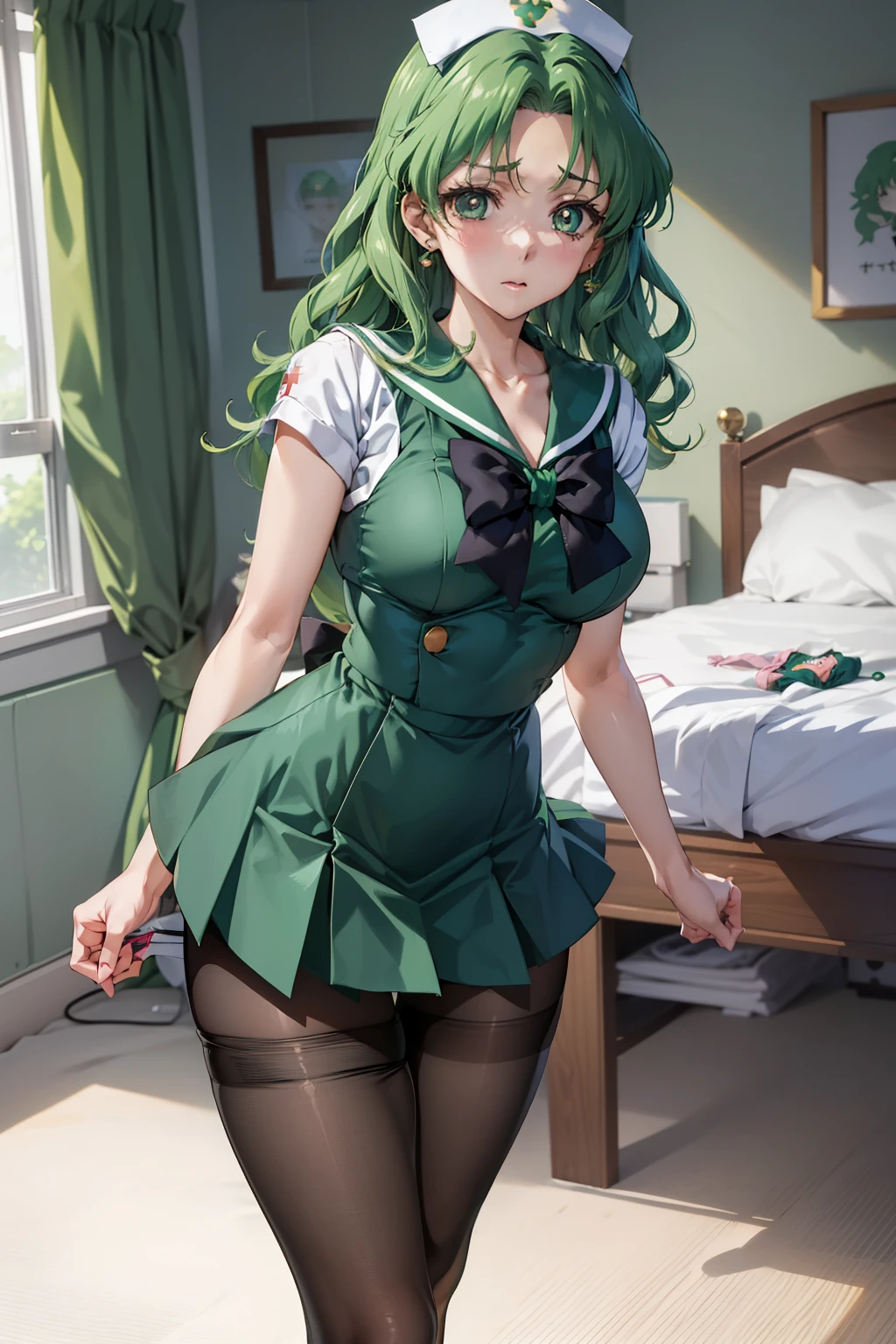 masutepiece, Best Quality, 1girl in, (Sailor Neptune),Green head hair, (Green eye:1.2),((Nurse's clothes))、((pantyhose))、length hair、((embarassed expression))、((Bedroom))、((a miniskirt))、((Poses that emphasize breasts))