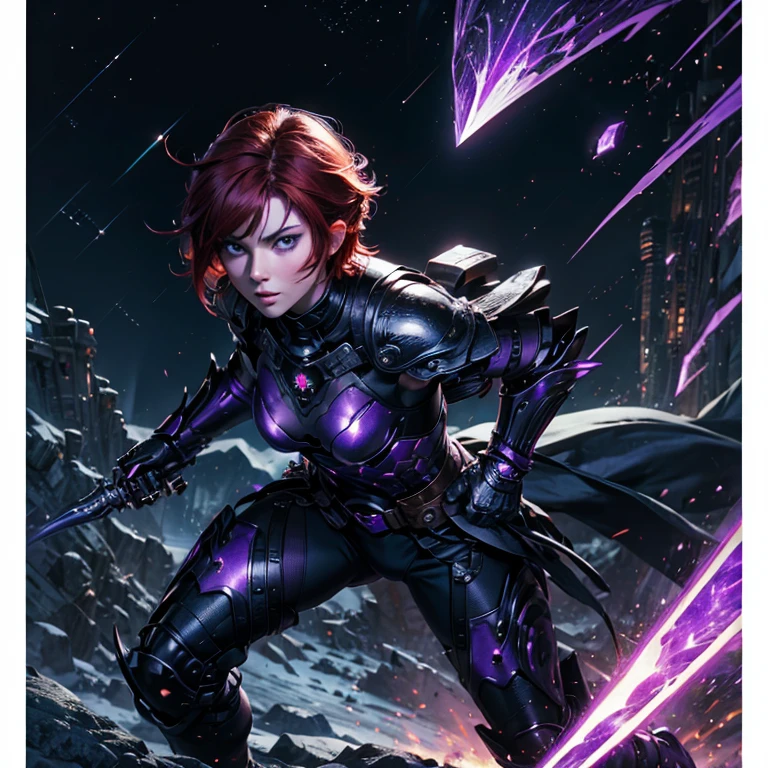 master piece, 8k, ultra detailed, anime, girl, short hair, red hair, green eyes, serious and courageous face, black obsidian armor with purple sapphire jewels, punching position, purple power fist, Gran Canyon scenario.