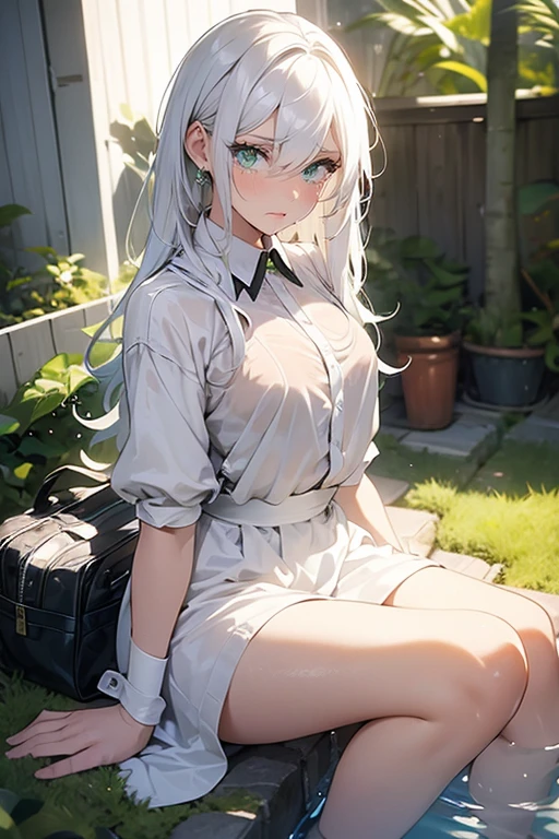 guy, white colored hair, white eyebrows and eyelashes, Albéniz, green eyes dressed in revealing sexy clothes, no one in ours, all wet, sits on knees