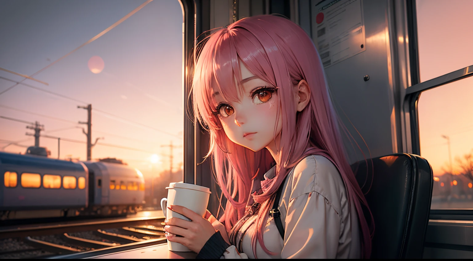 "Dreamy Dusk Delight": Anime girl near the train window and cup of coffee in a dreamy dusk landscape with warm pinks and oranges.
