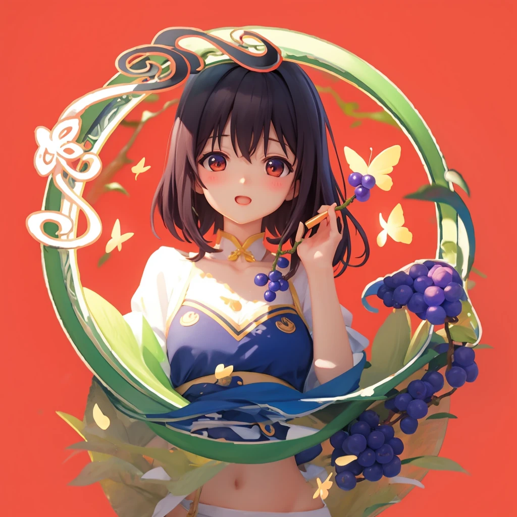 tmasterpiece, Best quality at best, (extremely detaild的 CG unified 8k wallpaperest quality at best), (Most Best Illustration), (The best shadow), UI interface frame design, ( Background with: 1.5), (round form) , foliage, branch, (grape trees, Little butterflies, particle effect, Detailed pubic hair, octaneratingrendering, Ray traching, 超詳細
