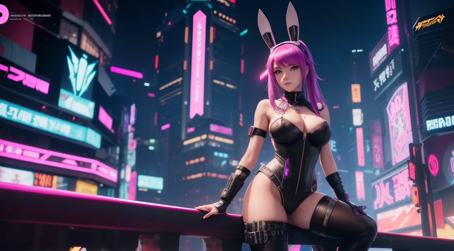 arafed woman in bunny ears and leather outfit posing on a railing, oppai cyberpunk, female cyberpunk anime girl, cyberpunk anime girl, digital cyberpunk anime art, digital cyberpunk - anime art, in cyberpunk city, anime cyberpunk art, cyberpunk 2 0 y. o model girl, cyberpunk angry gorgeous goddess, seductive anime girl, badass anime 8 k, cyberpunk anime art